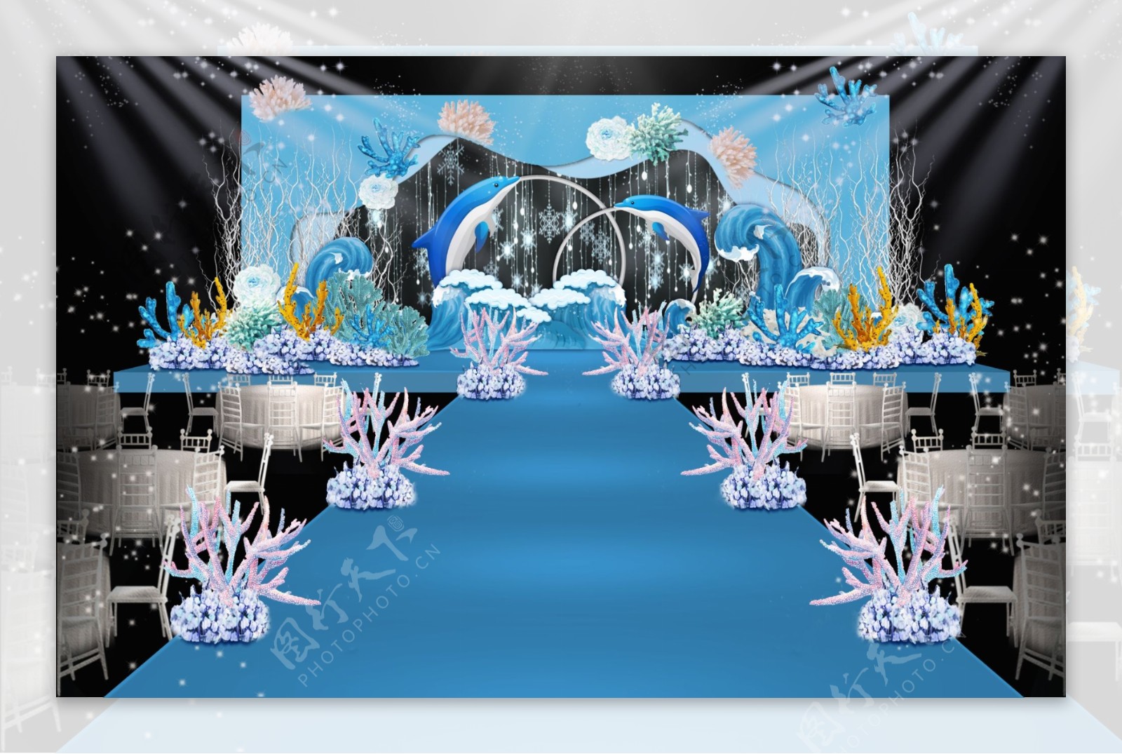 蓝白色系海洋主题婚礼舞台效果图