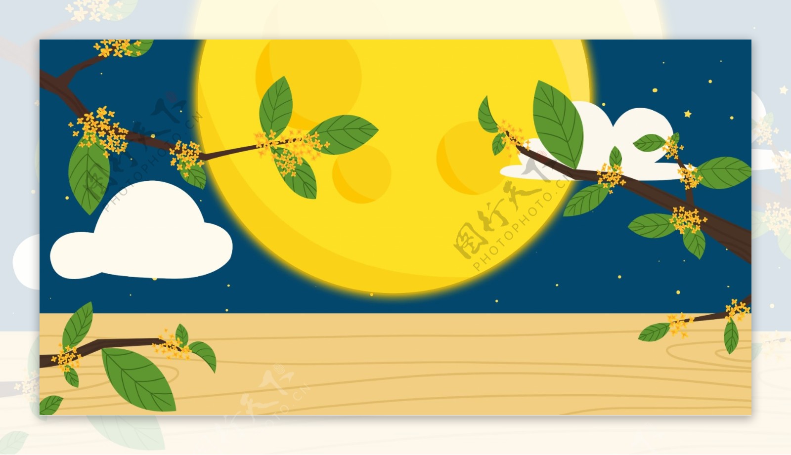 中秋节月亮桂花木板卡通背景设计