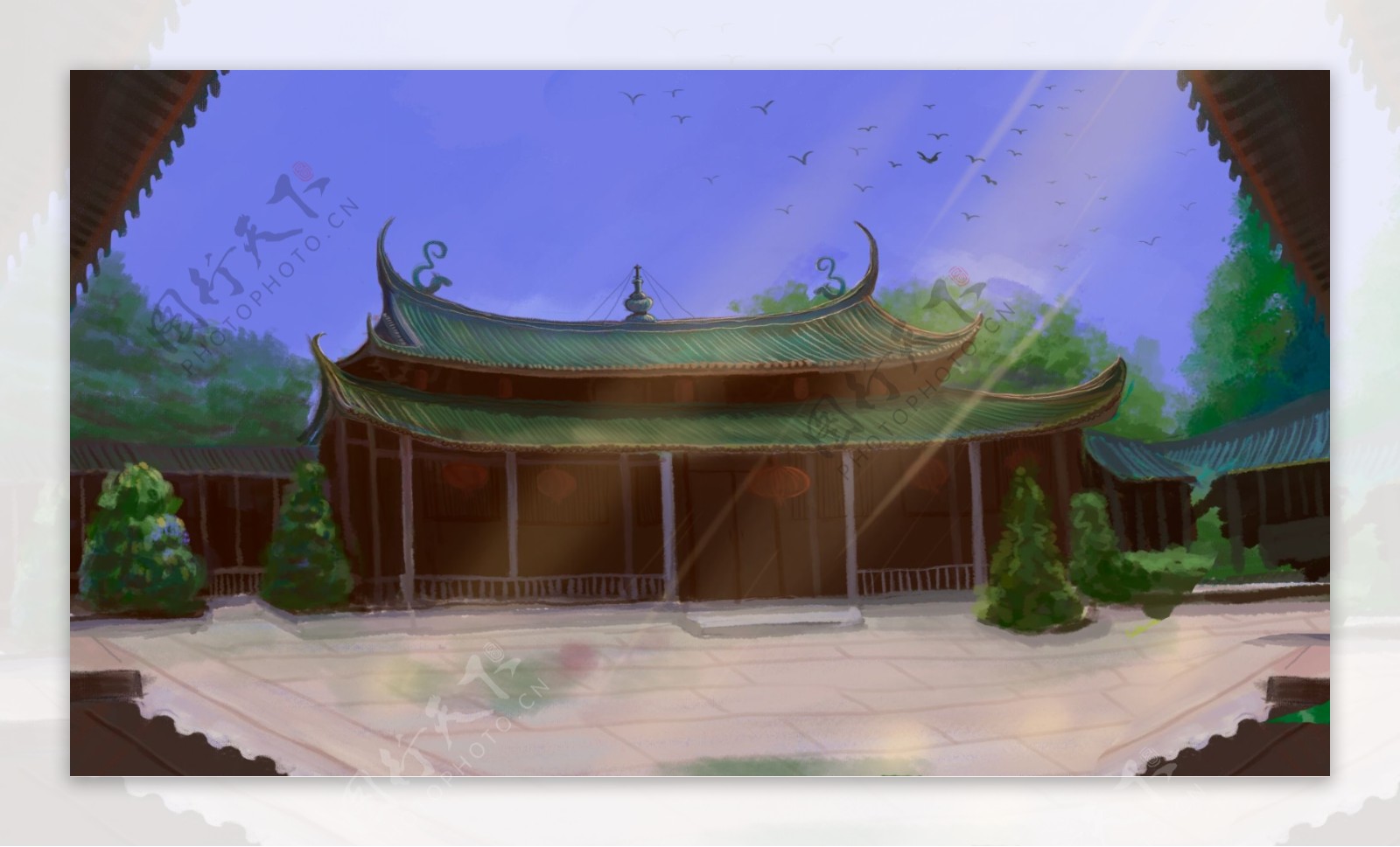 中国古代建筑院落卡通背景