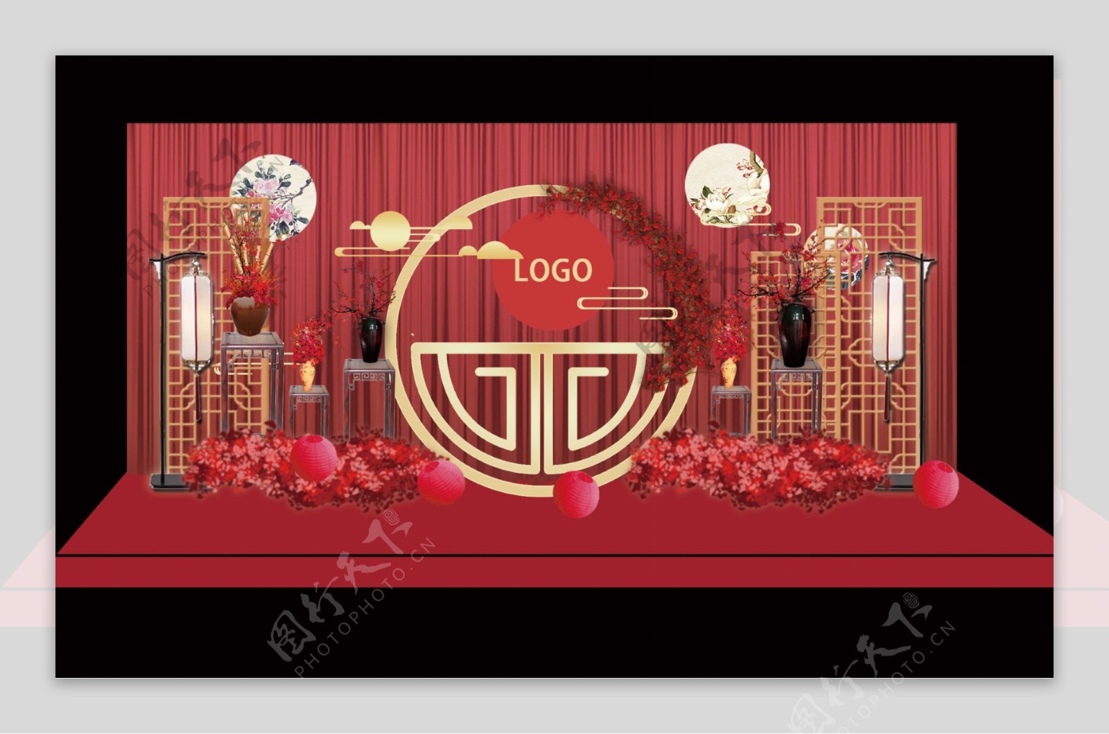 中国风红色传统婚礼迎宾工装效果图