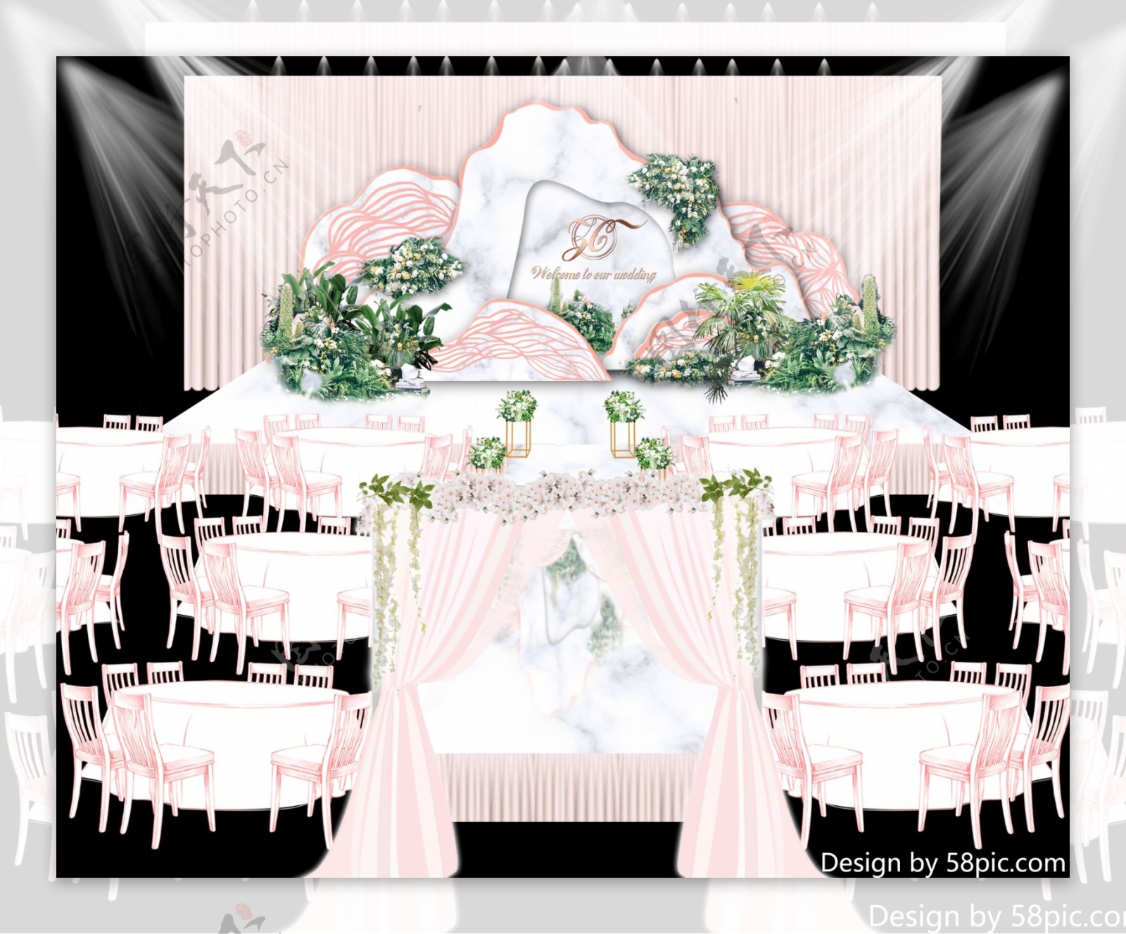 创意个性几何造型粉白色婚礼仪式区