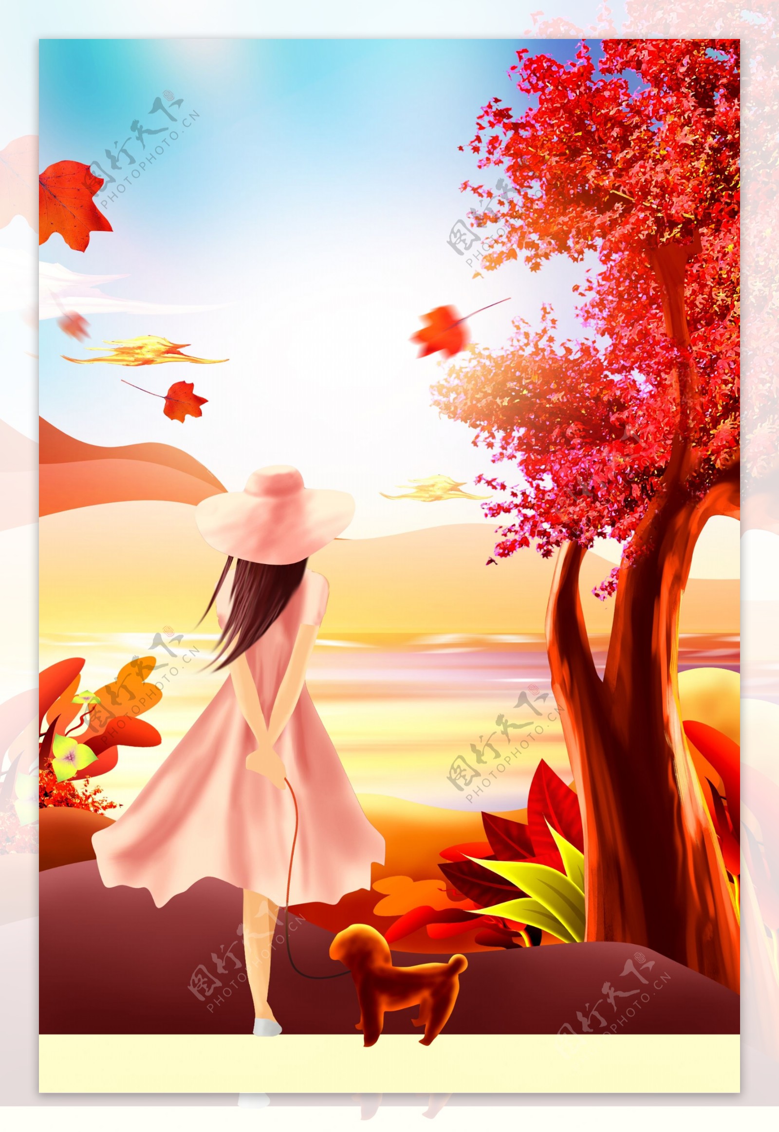 彩绘秋季女孩枫树叶旅游海报背景素材