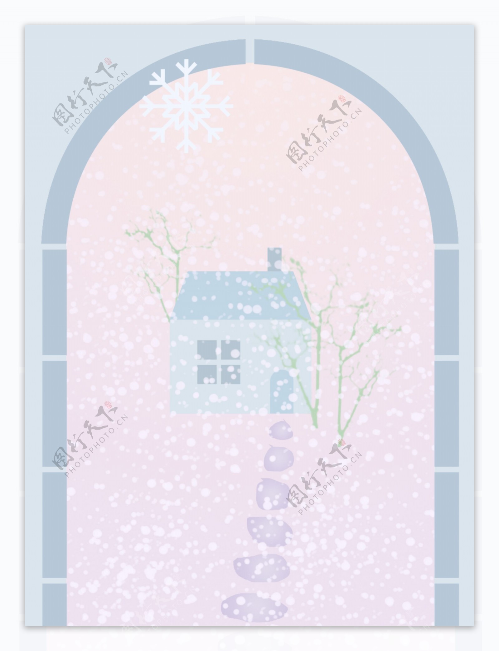 雪景冬天蓝色粉色紫色雪花房子石头路背景