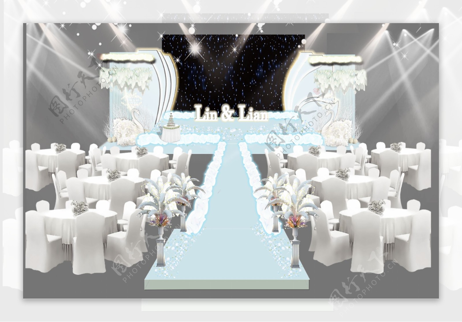 蓝色天鹅婚礼舞台效果图