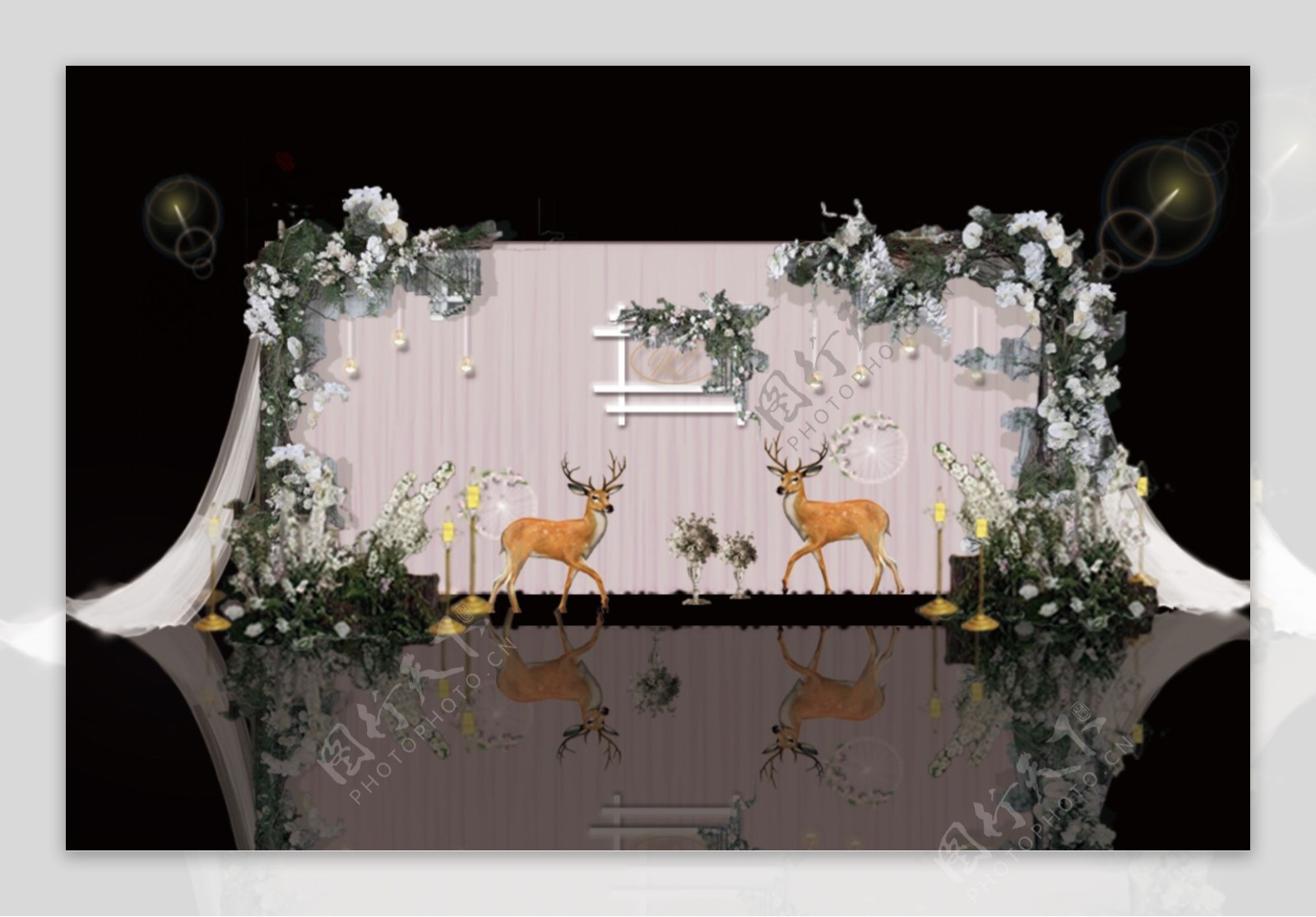 森系小清新婚礼白绿色舞台效果图素雅仪式区