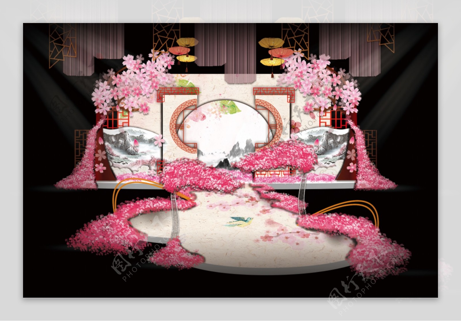 新中式粉色浪漫中国风山水婚礼主舞台效果图