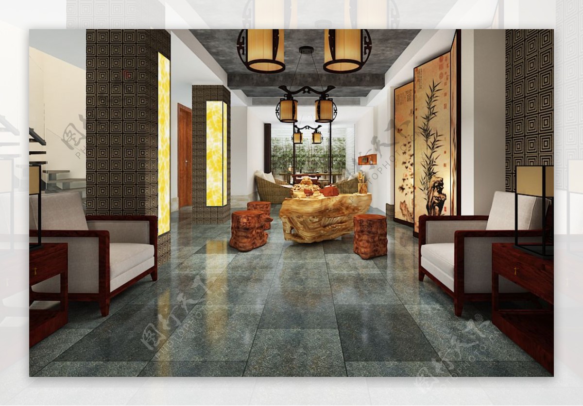 中式餐厅酒店大堂前厅3D