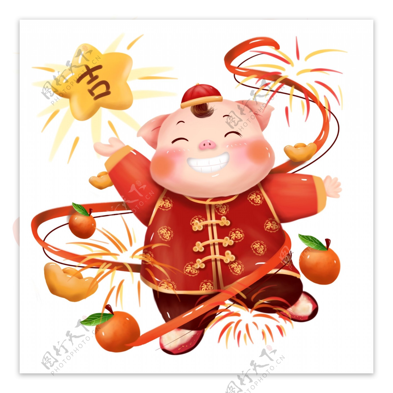 猪年红色喜庆吉星高照贺岁新春动物形象插画