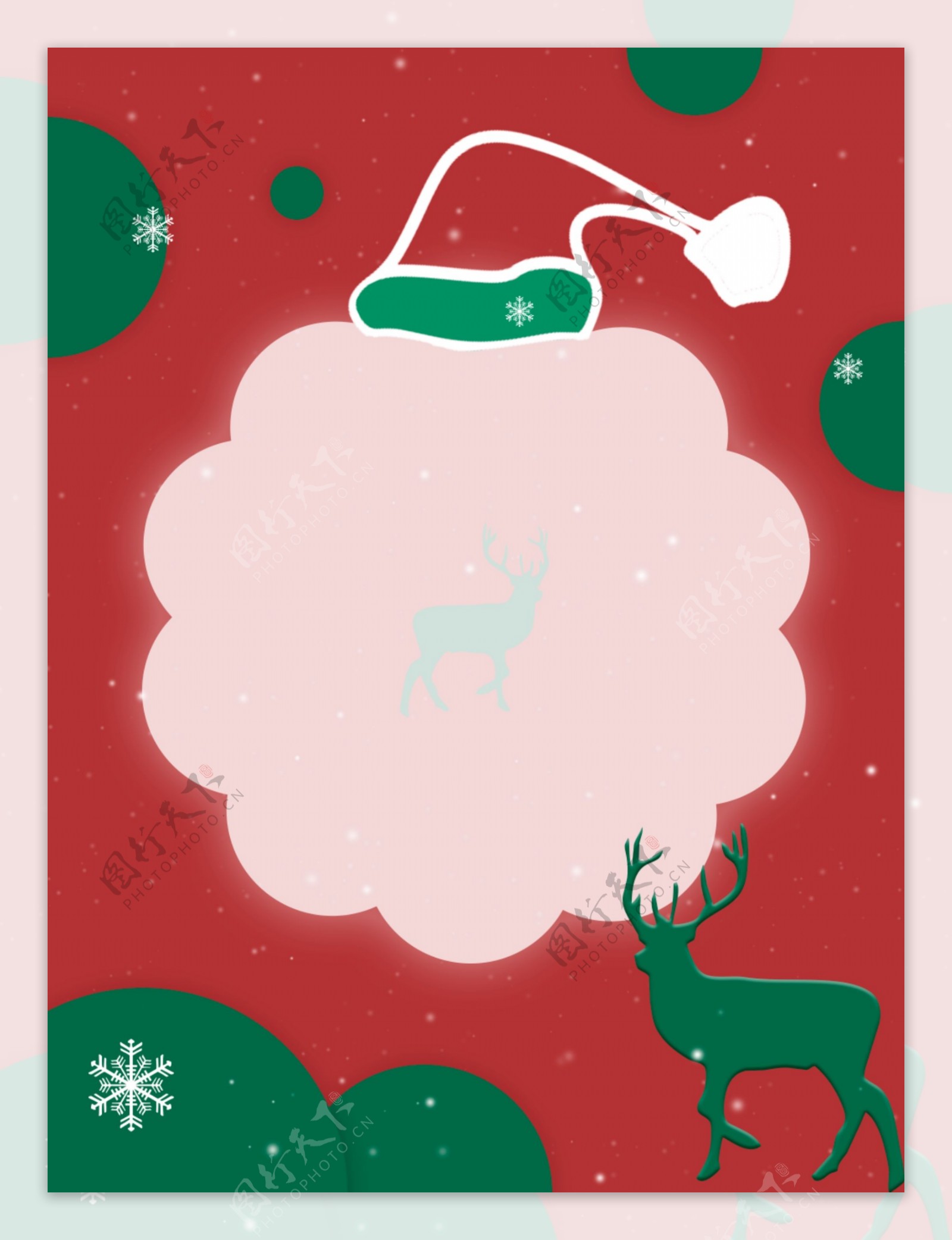 圣诞节红绿配色麋鹿雪花圣诞帽简约背景