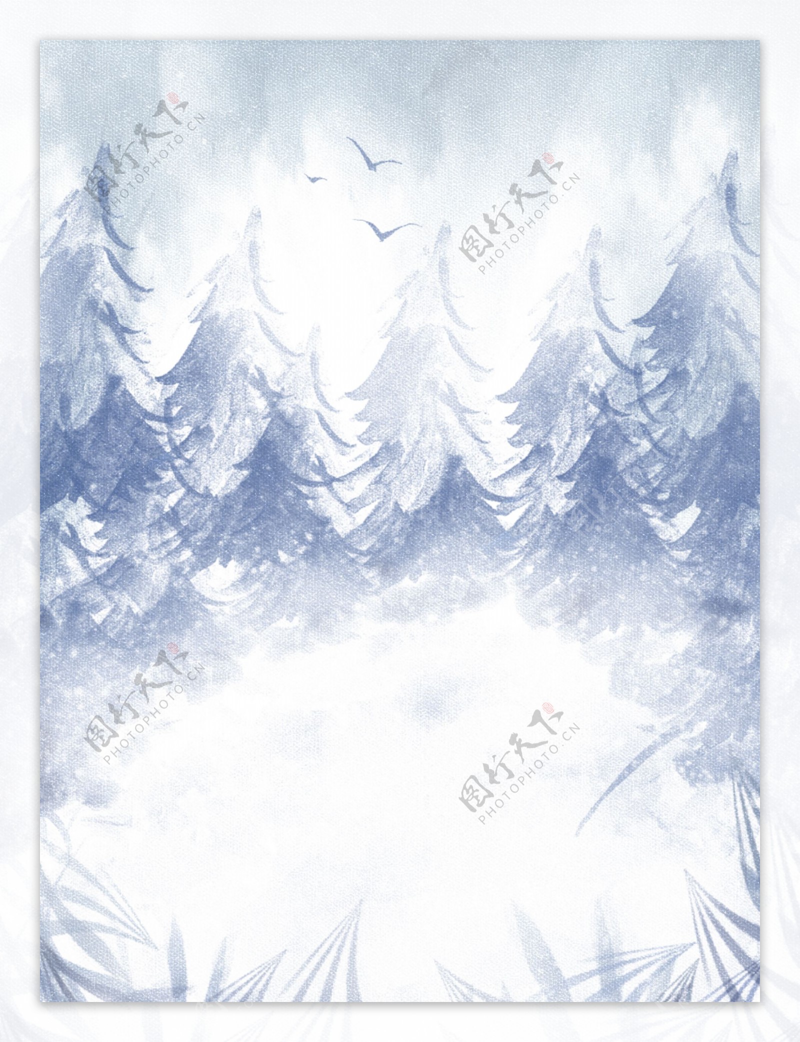 原创手绘铅笔画蓝色雪地森林海报背景
