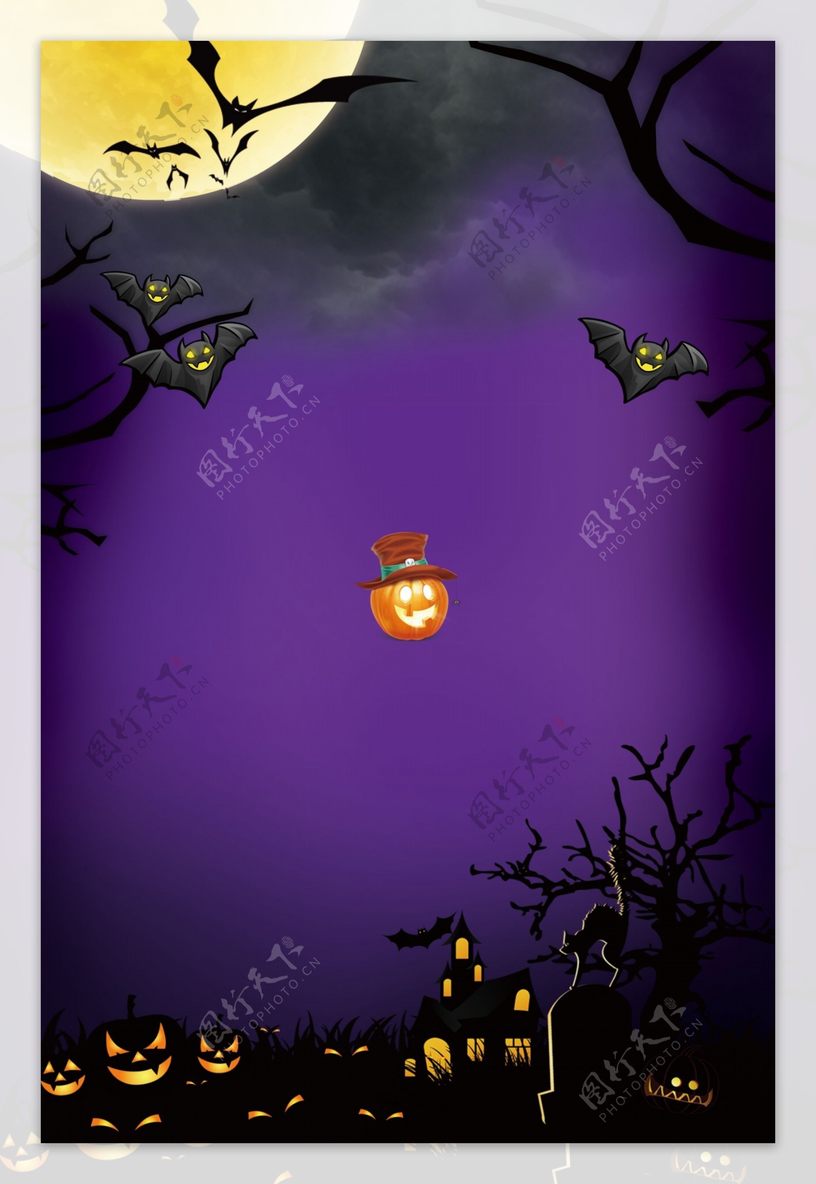 紫色圆月下的枯树蝙蝠万圣节背景素材