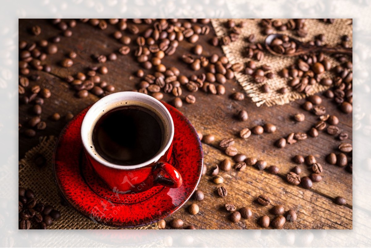 咖啡木板茶杯粮食食物咖啡豆