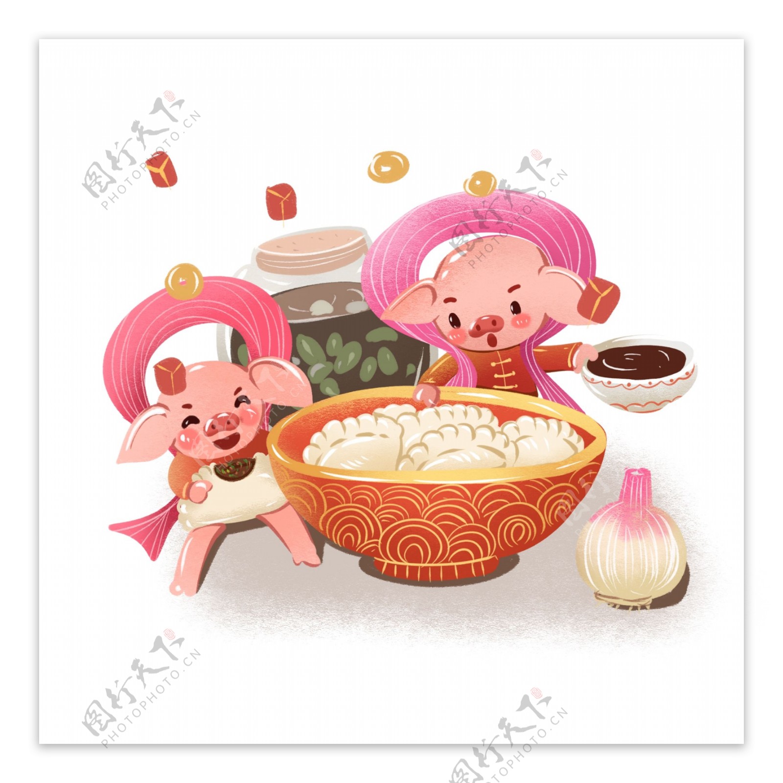 2019春节猪年插画腊八吃饺子元素商用喜庆新年春节生肖猪