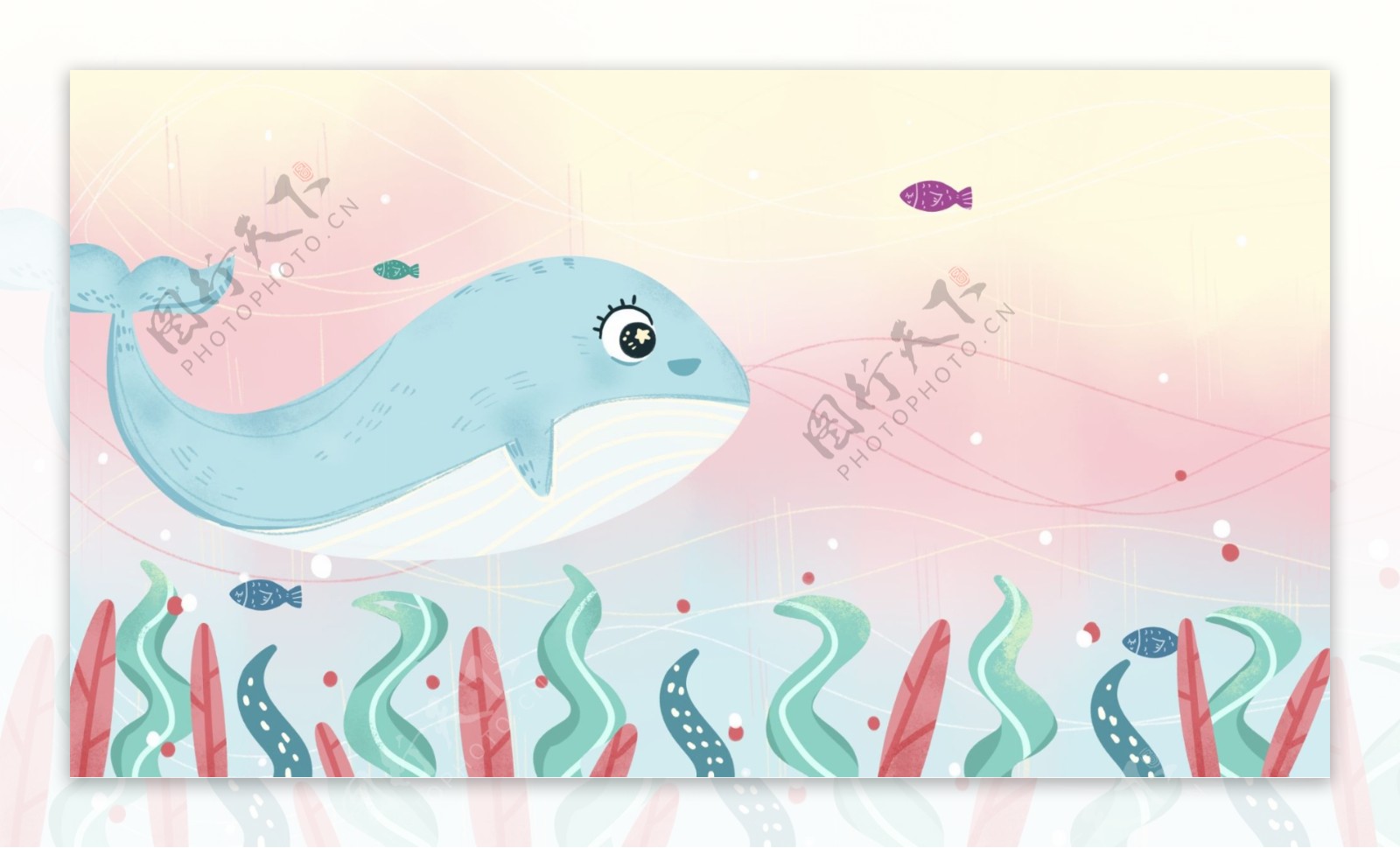 蓝色可爱卡通鲸鱼和彩色海底植物背景