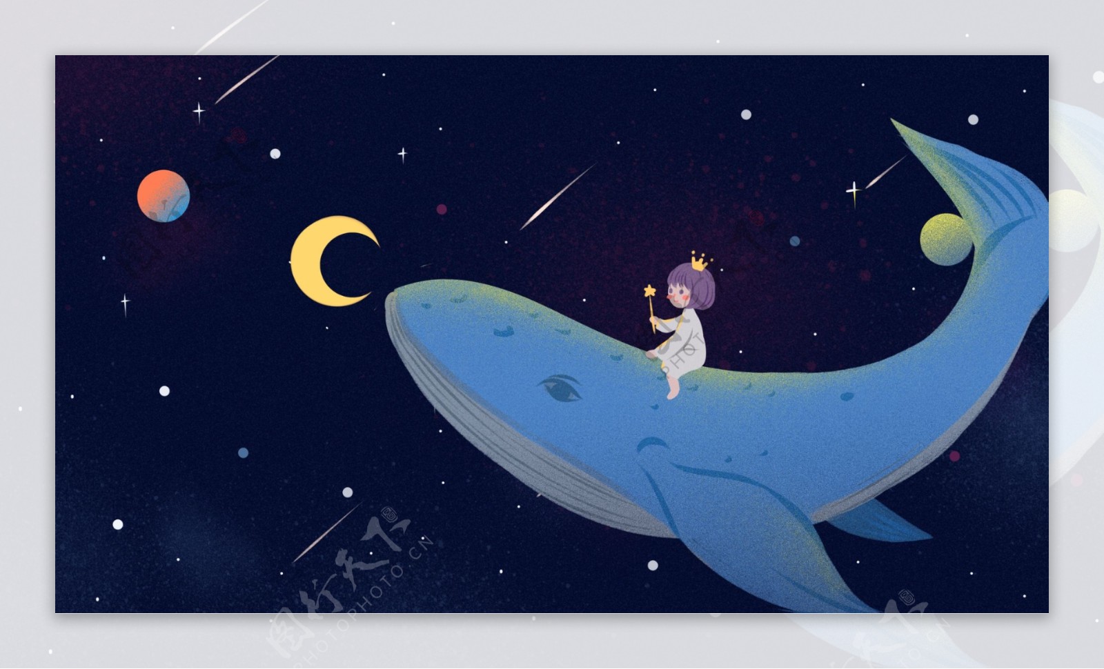 骑在蓝色鲸鱼上的卡通小女孩月亮星星背景