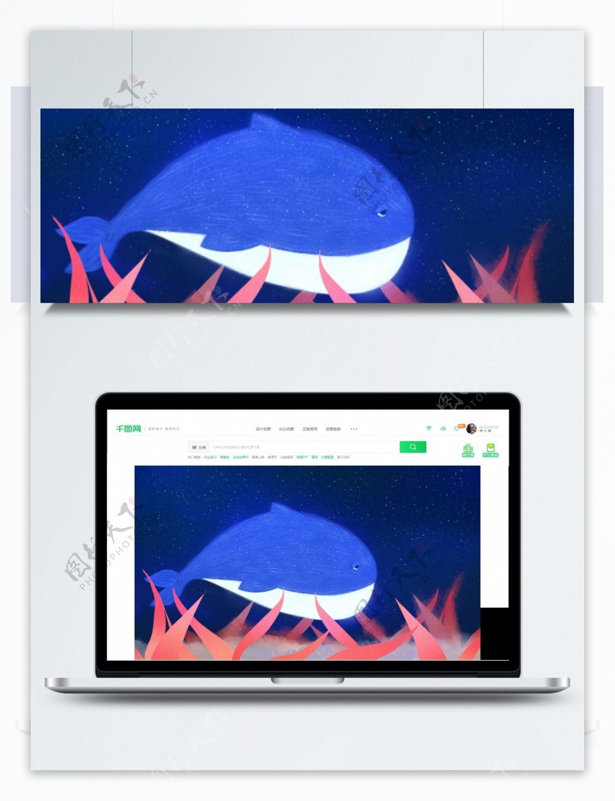蓝色鲸鱼红色海藻卡通背景