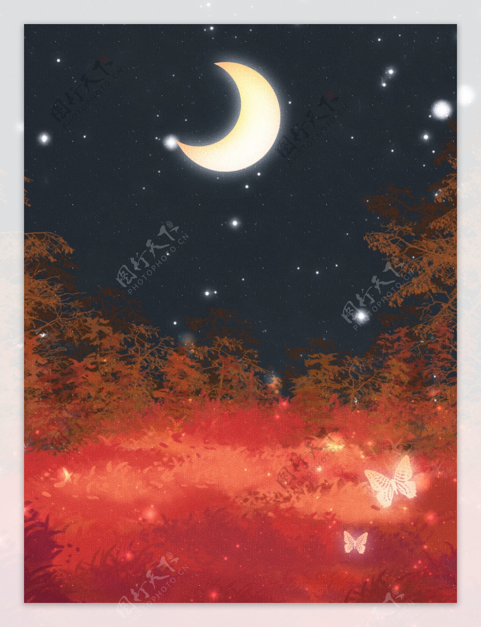 全原创手绘红色枫叶夜晚森林背景