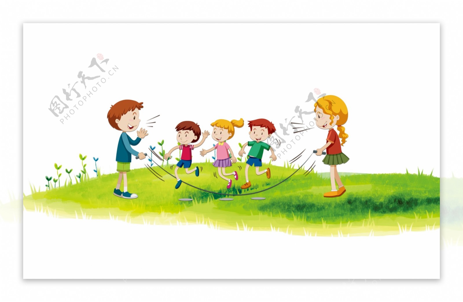 卡通儿童草地上跳绳元素