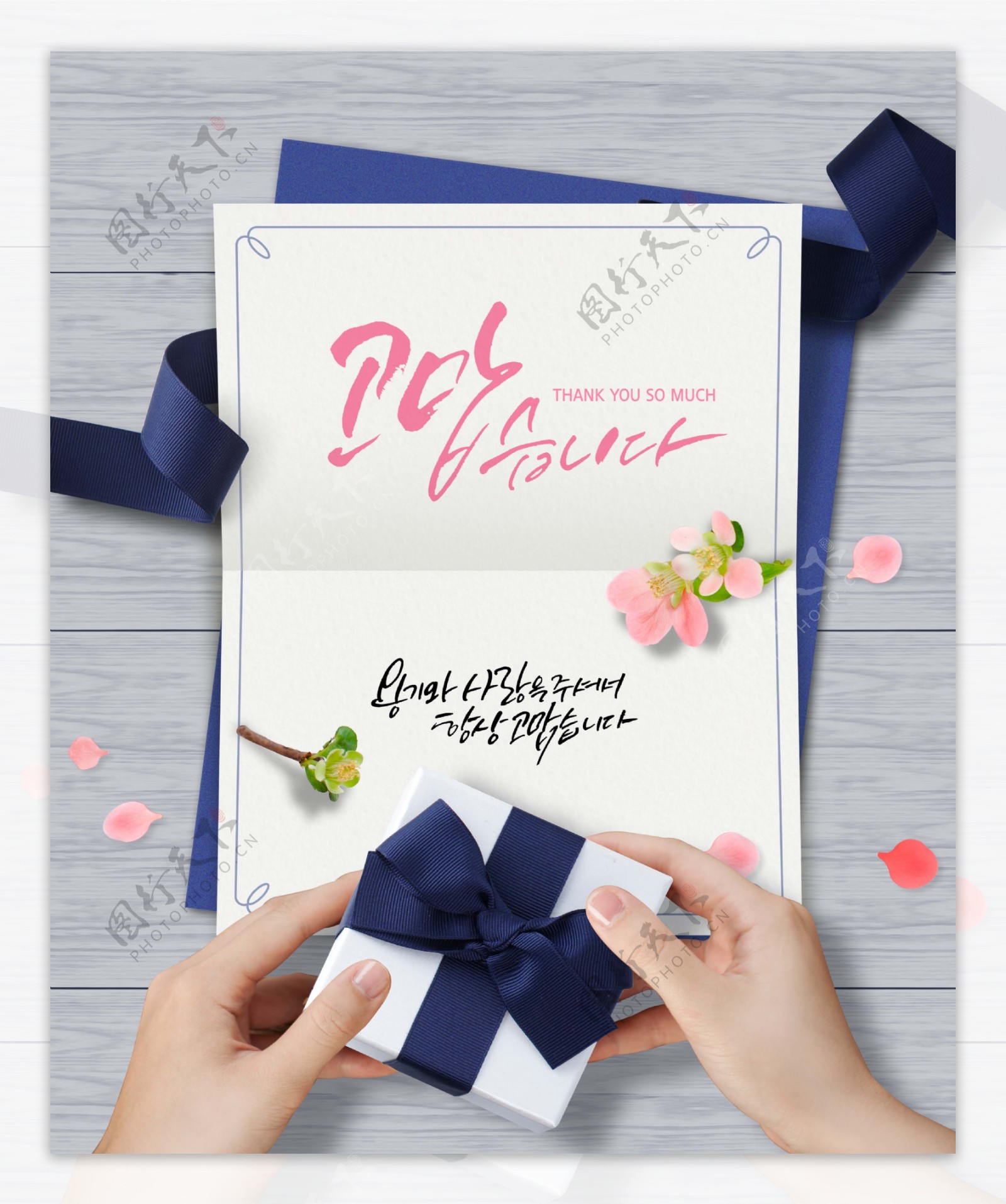 韩系深蓝色感恩节丝带礼物海报素设计