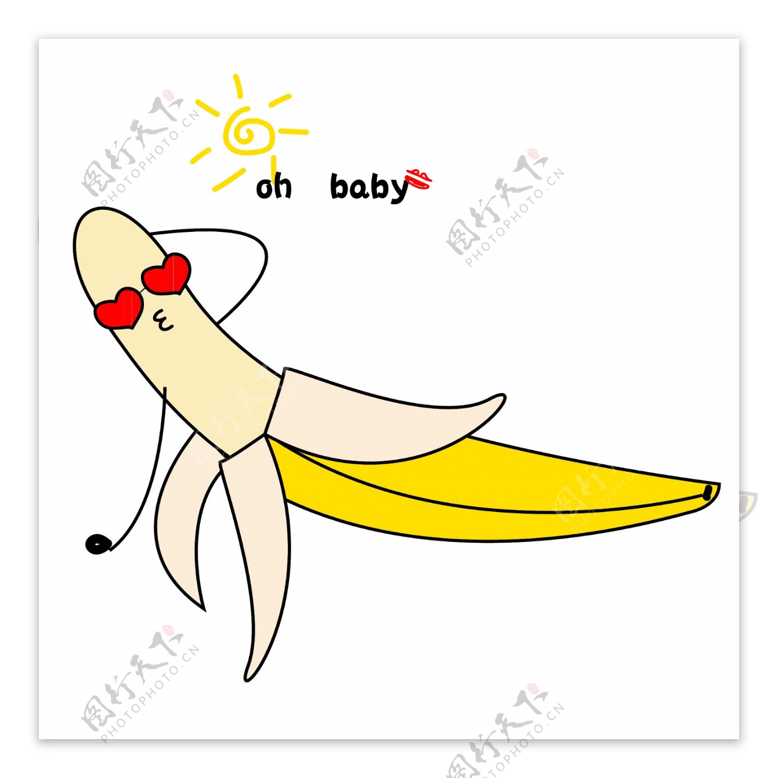 黄色剥皮晒太阳的卡通可爱风格的香蕉水果