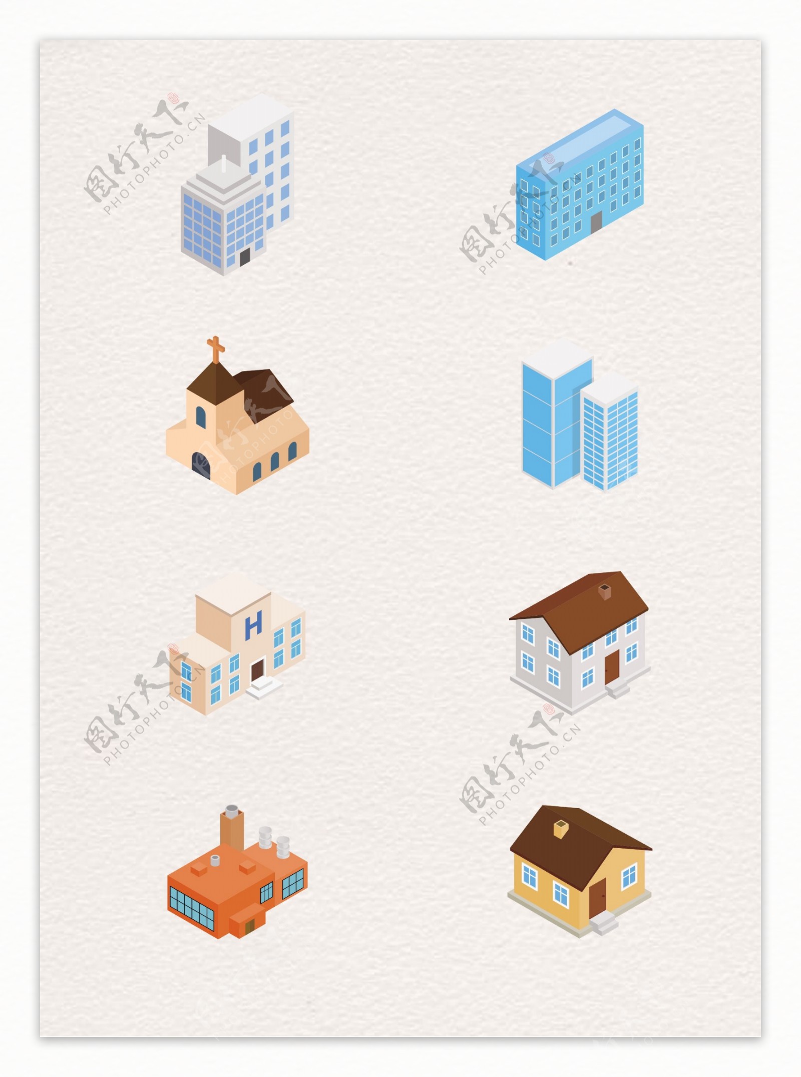 立体简约城市建筑图标元素