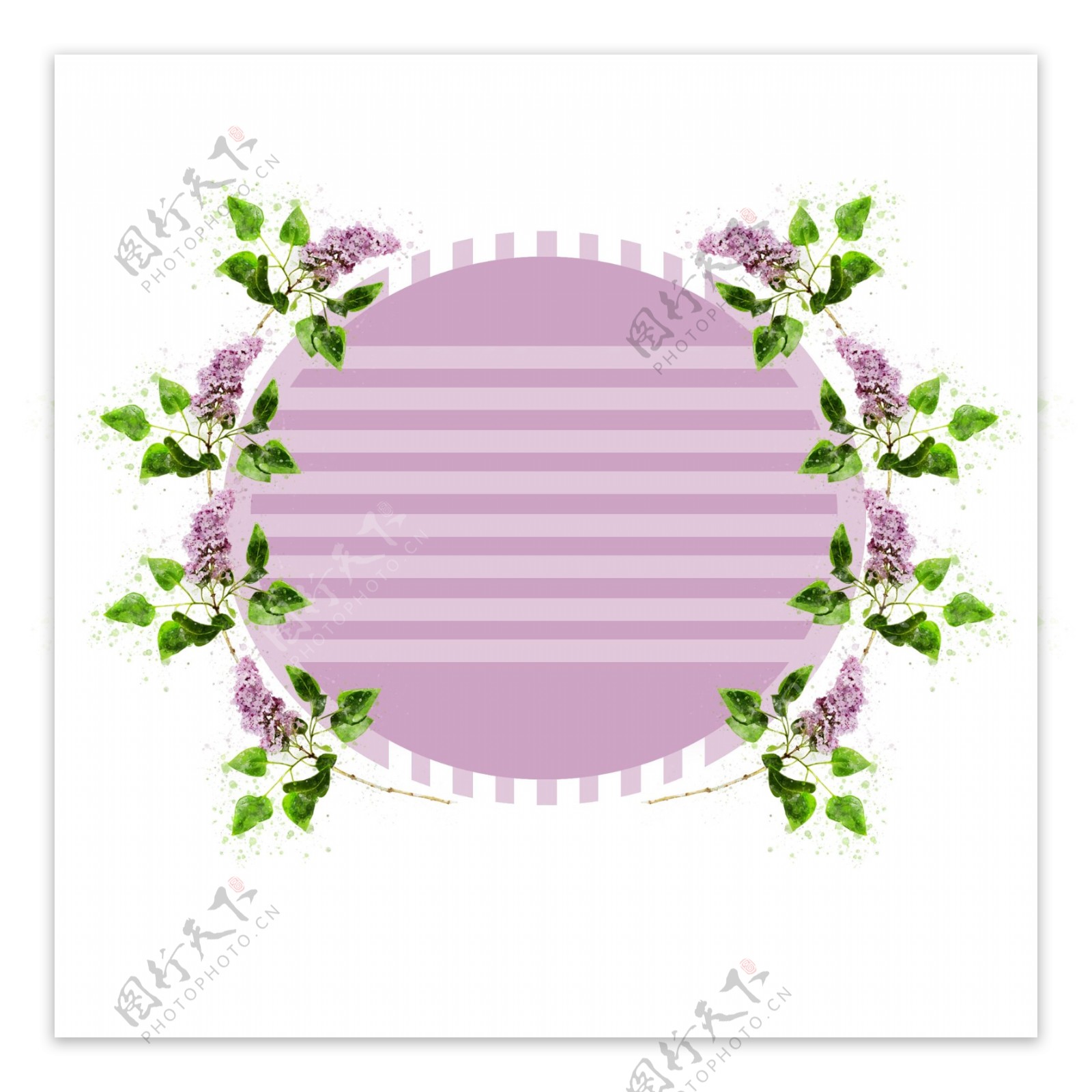 手绘紫色花卉植物水彩圆形边框元素