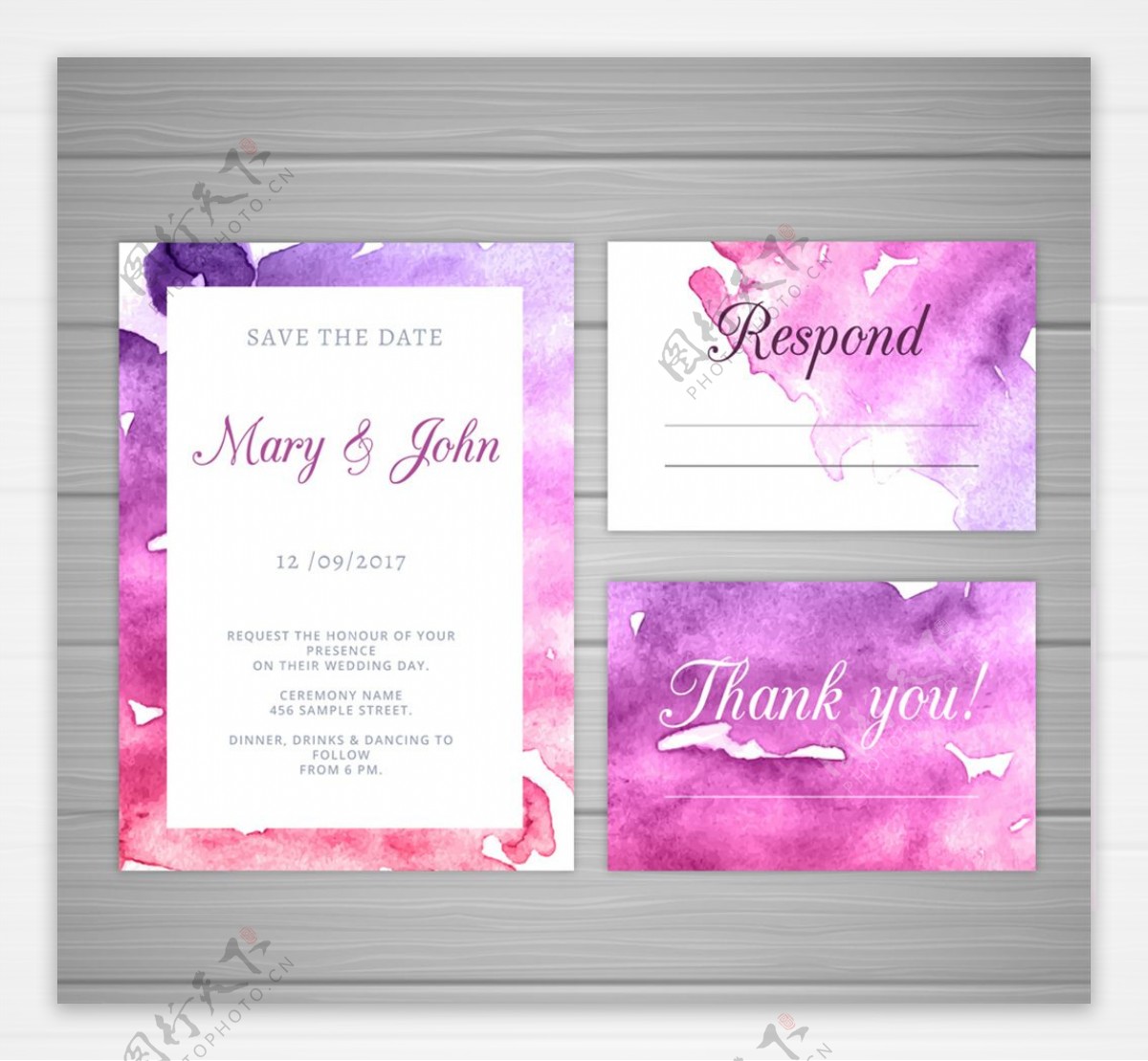3款紫色水彩绘婚礼邀请卡矢量图