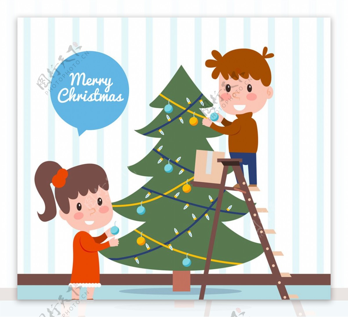 创意装扮圣诞树的2个儿童
