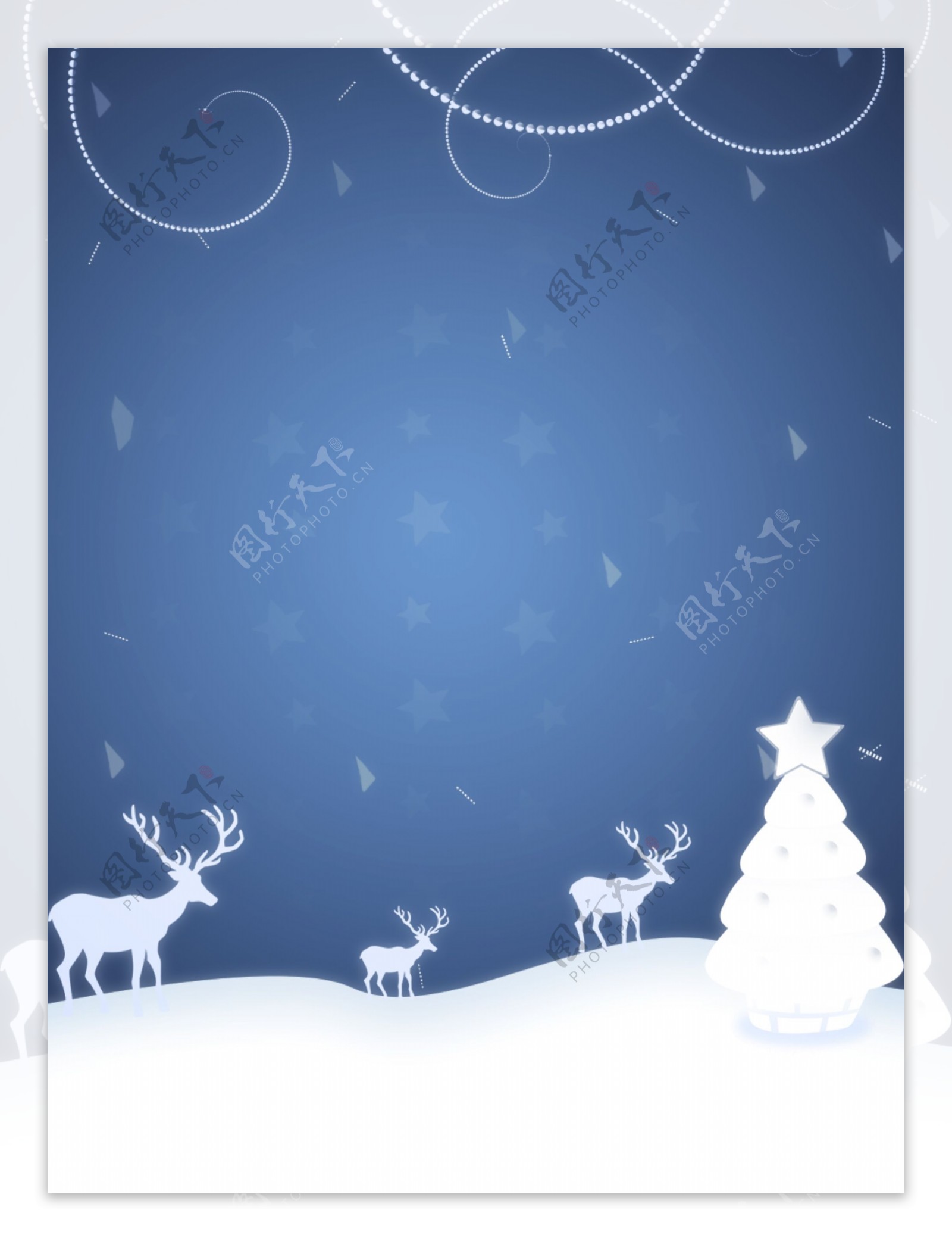 纯原创卡通风格雪地上的圣诞树麋鹿蓝色背景