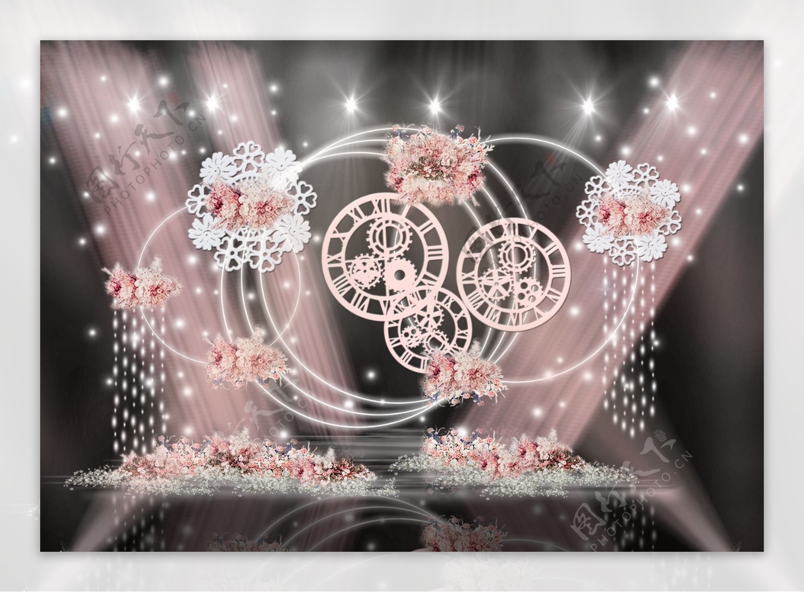 粉色吊顶纱幔时光齿轮立体空间婚礼效果图