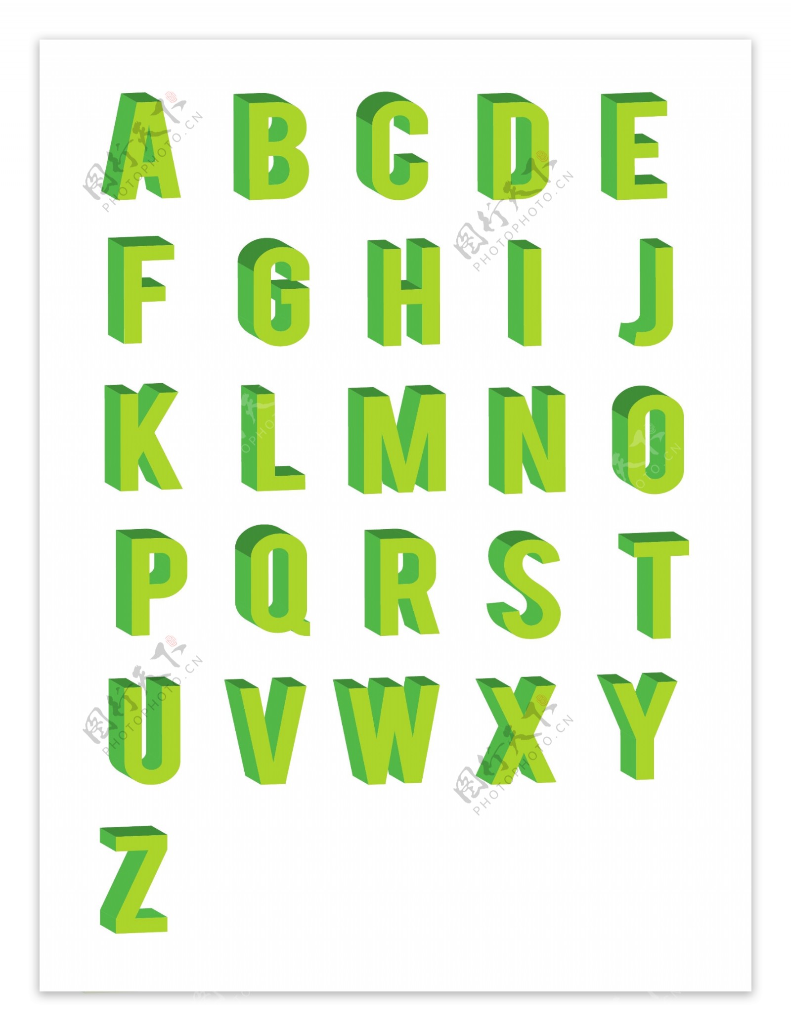2.5D绿色26个英文字母矢量可商用