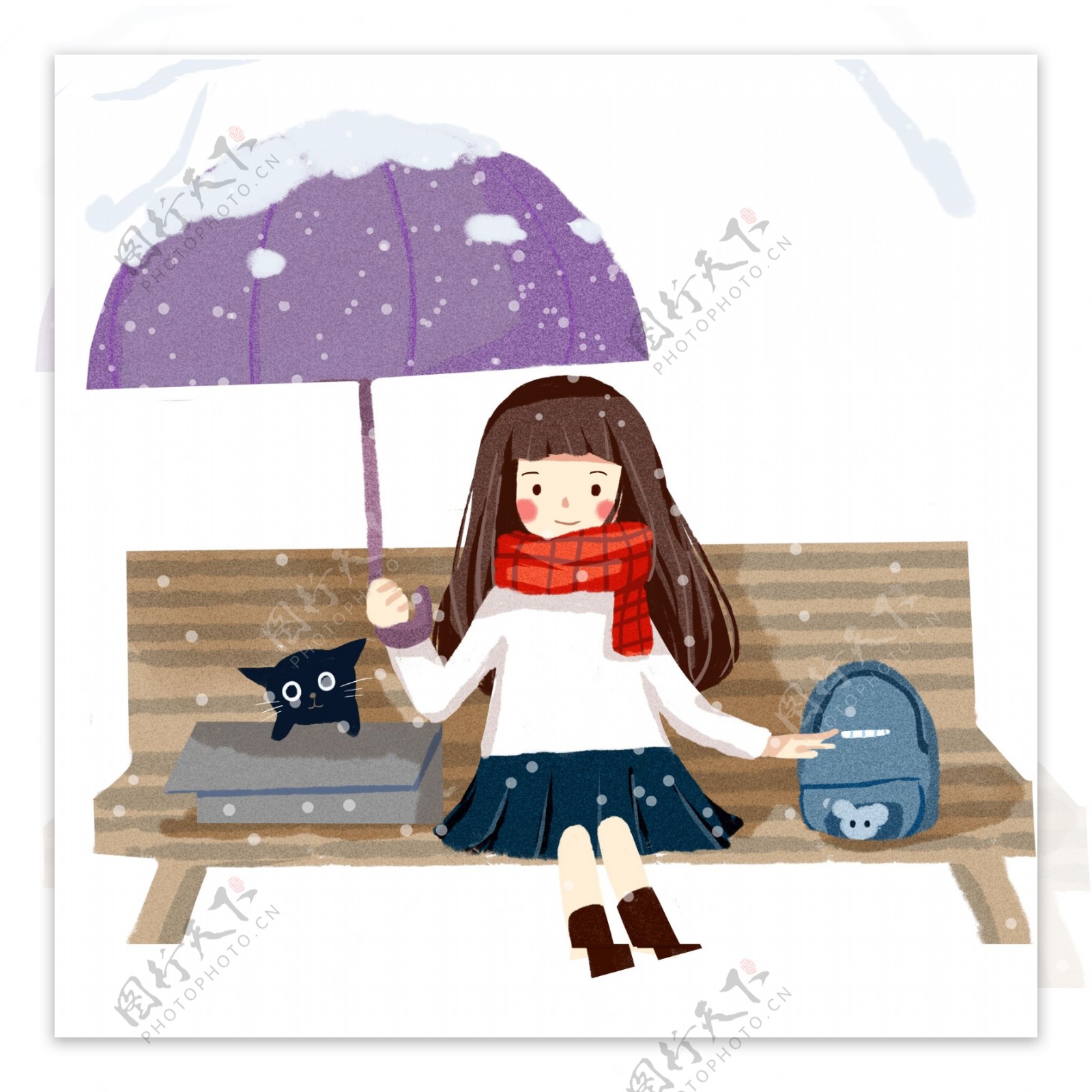 彩绘大雪中撑着伞坐在公园长椅上的女学生