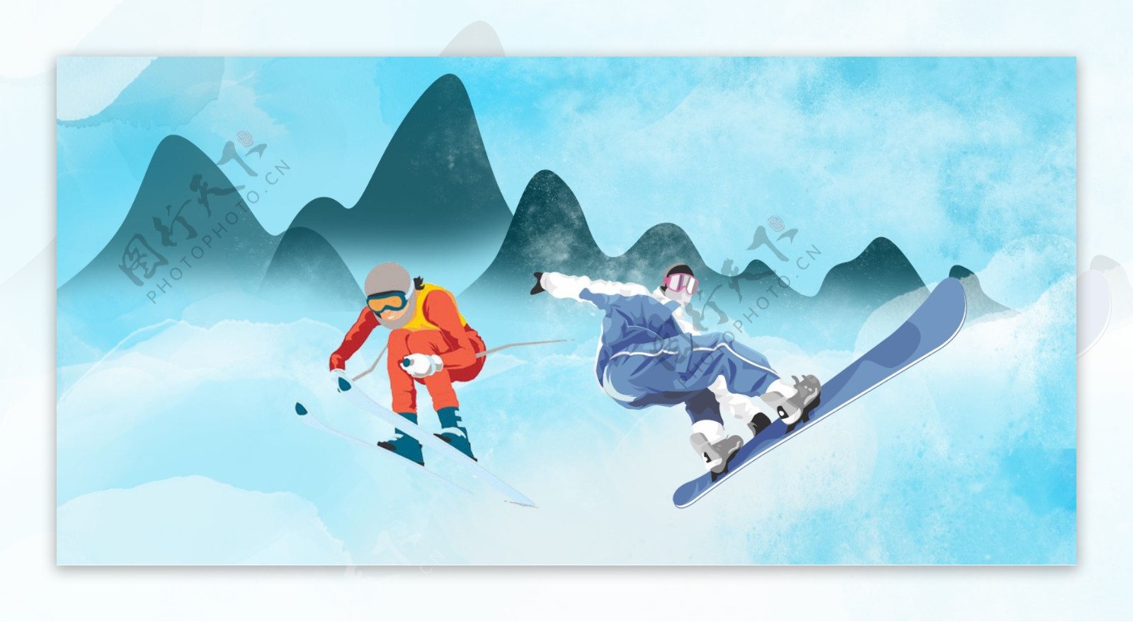 小清新蓝色森林滑雪背景