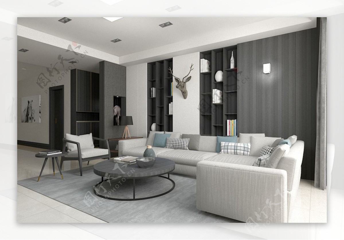 现代简约中式客厅3D模型明亮简约沙发