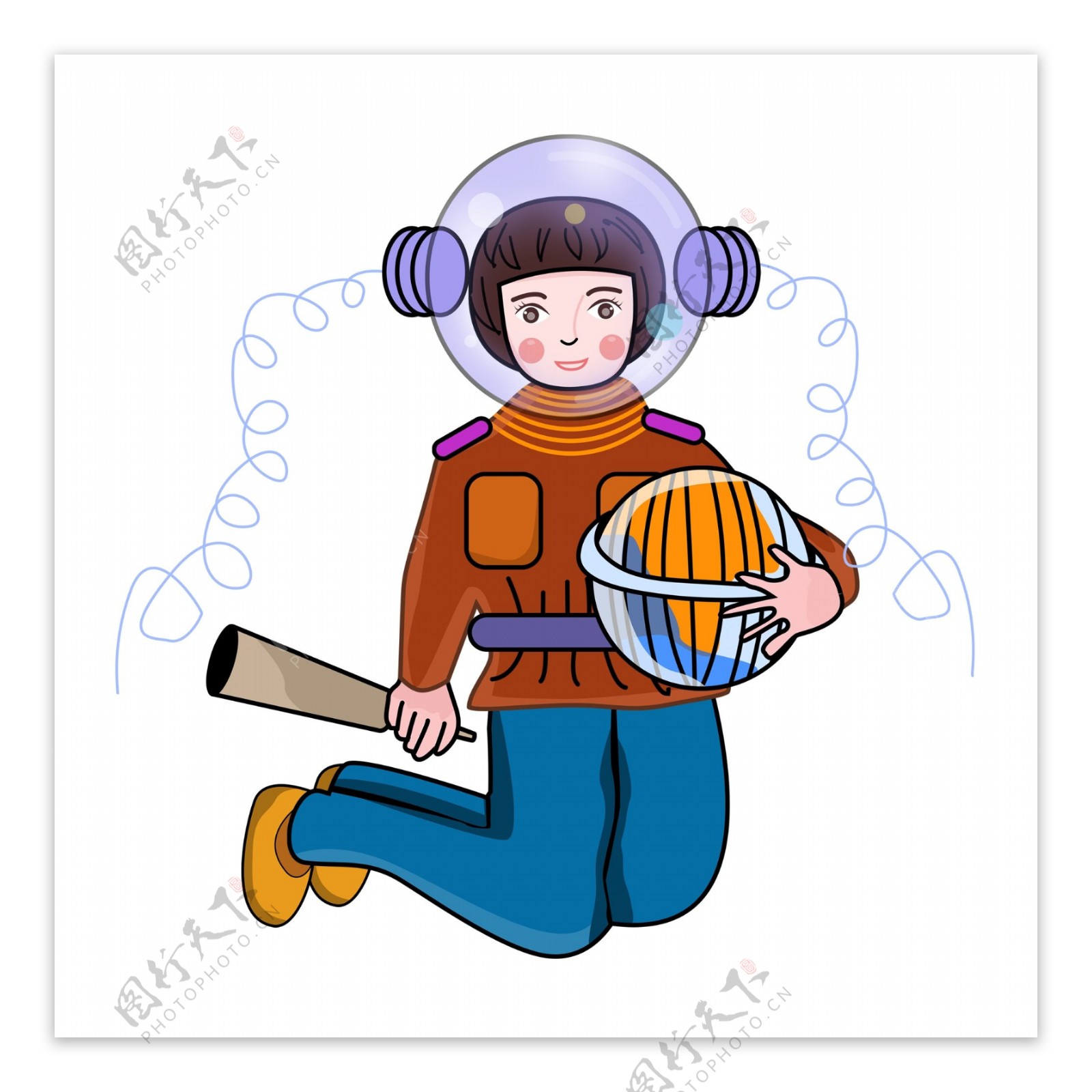 手绘女孩带着透明头盔玩棒球原创元素