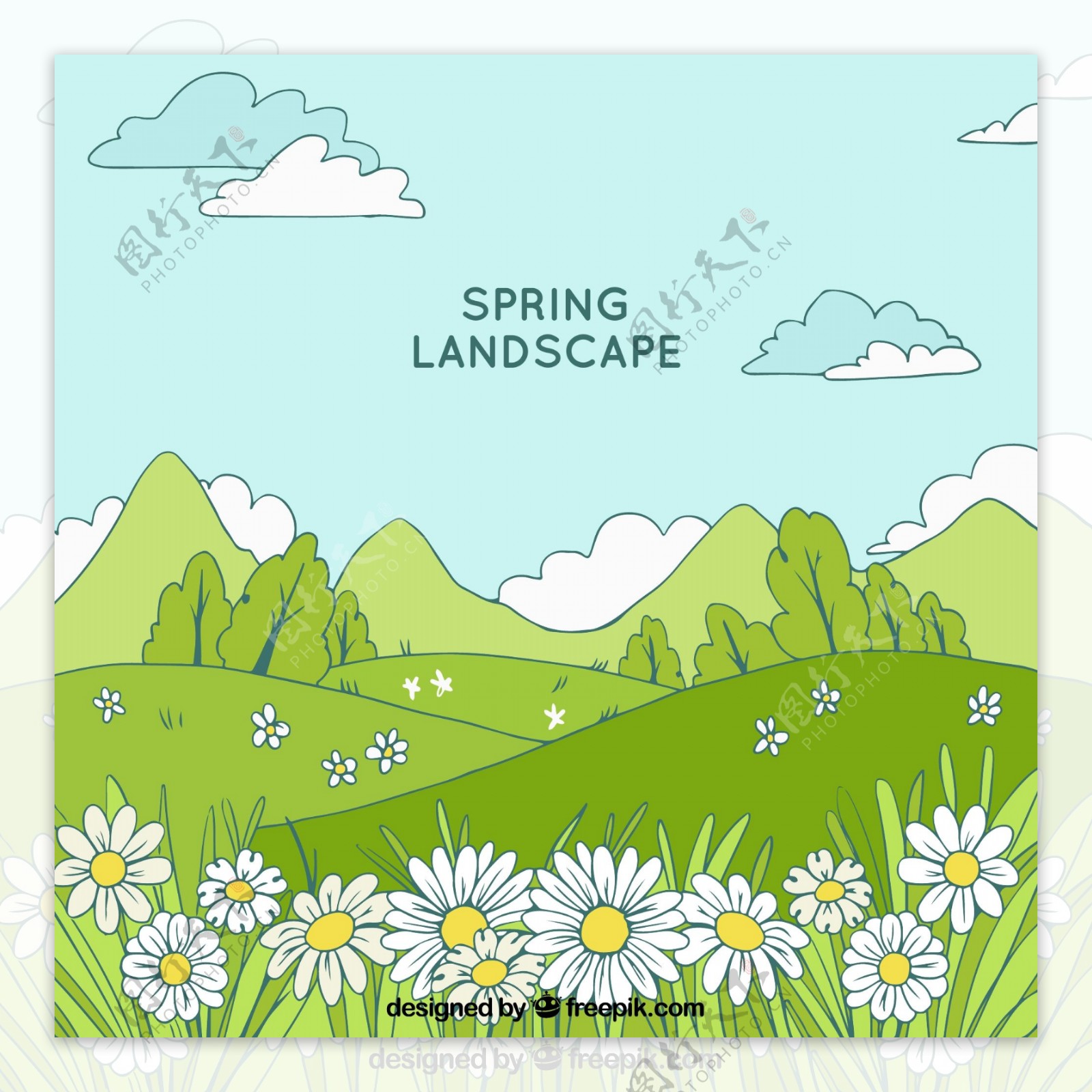 创意春季绿色草地花丛风景矢量图