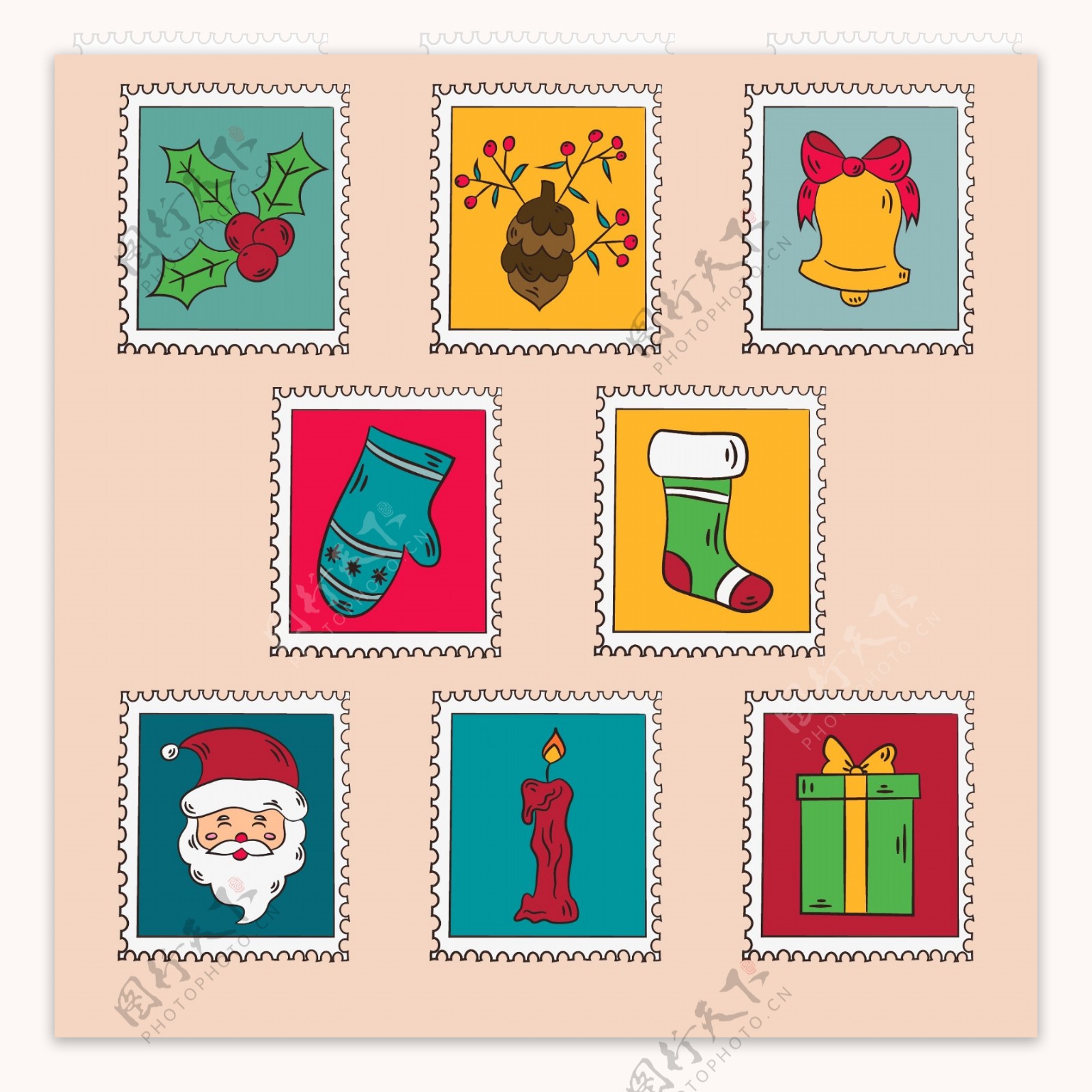 手绘图案的圣诞邮票标签