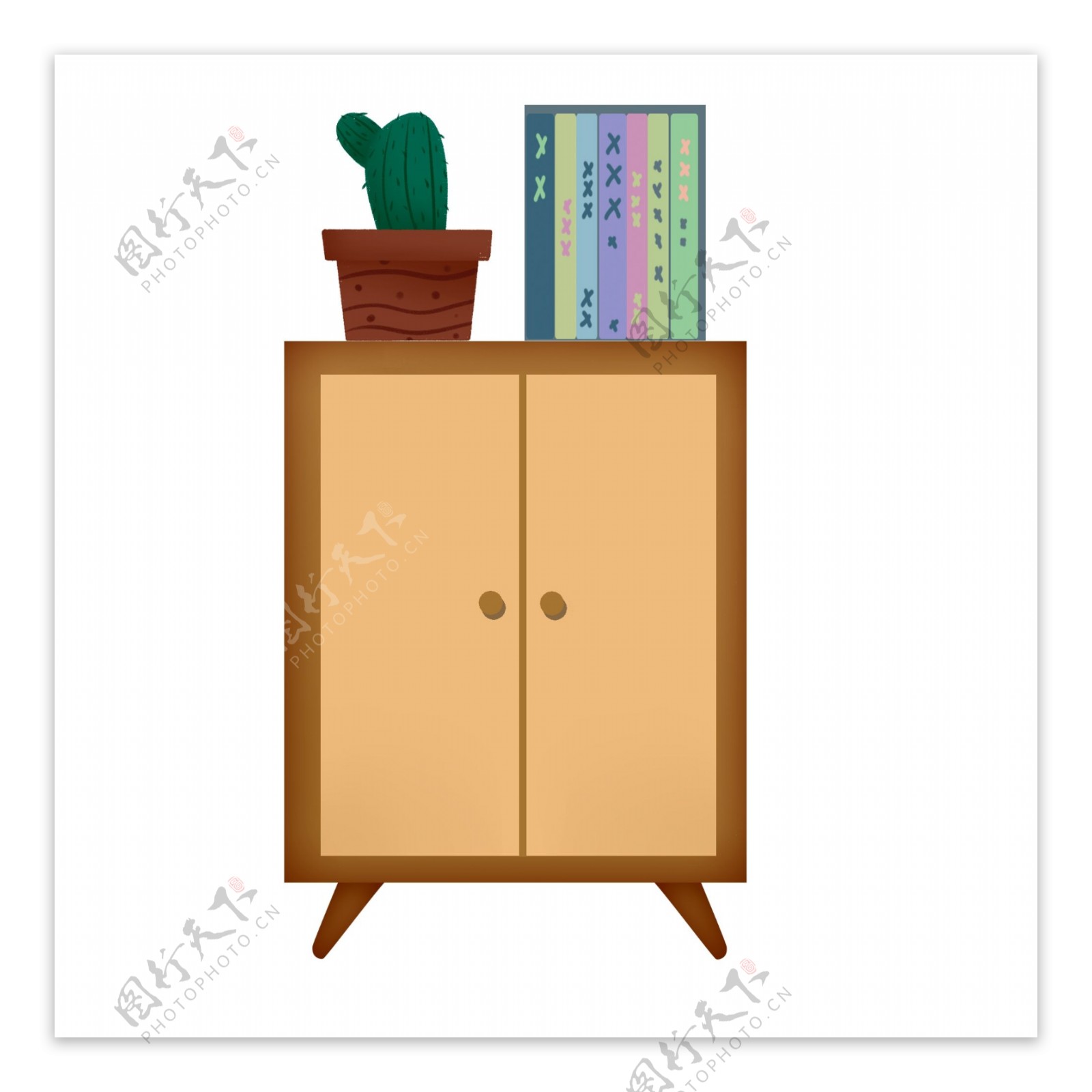 卡通柜子上的盆栽和书架