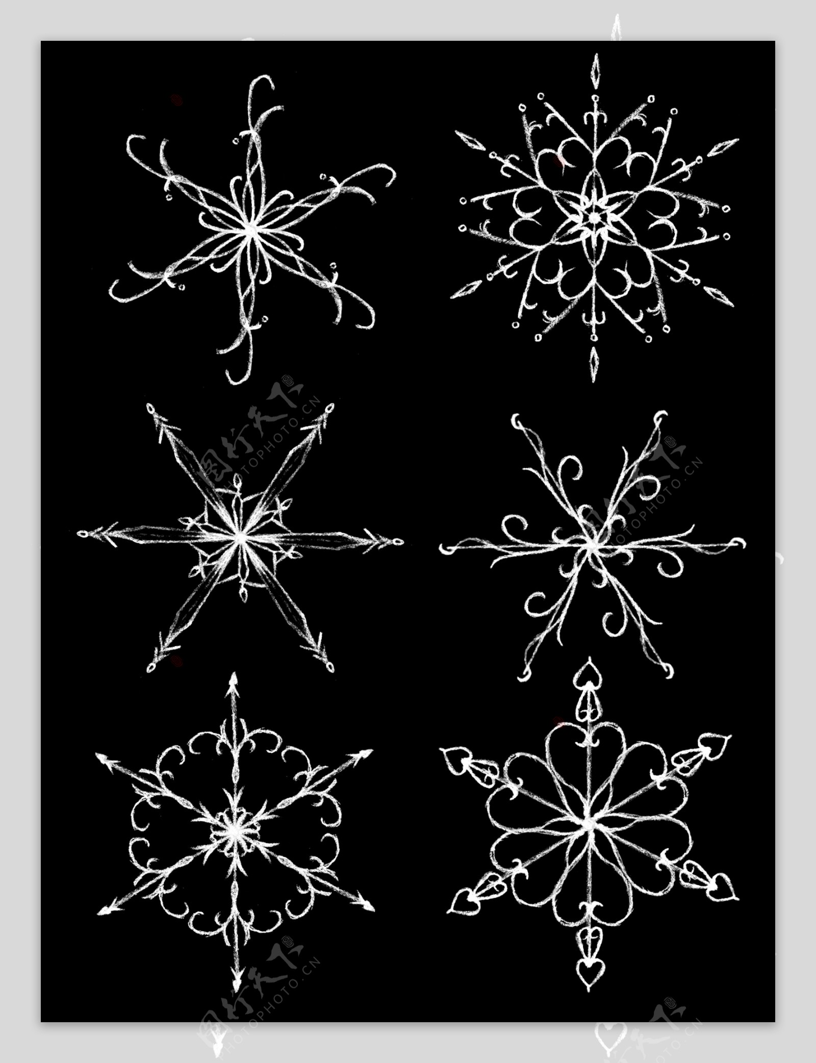 商用手绘圣诞雪花粉笔白色冬天组合元素