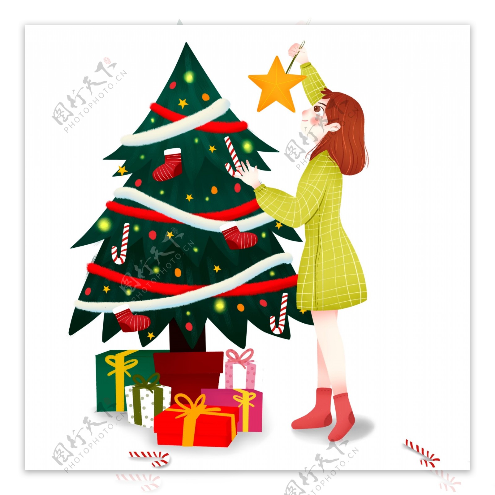 手绘装饰圣诞树的女孩