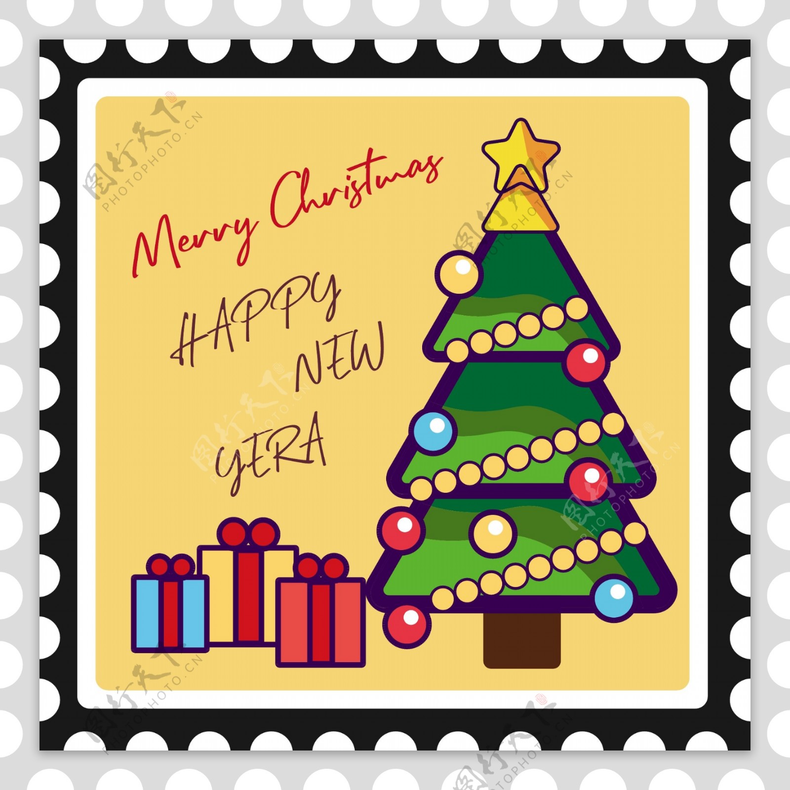 圣诞邮票小贴纸圣诞树矢量元素