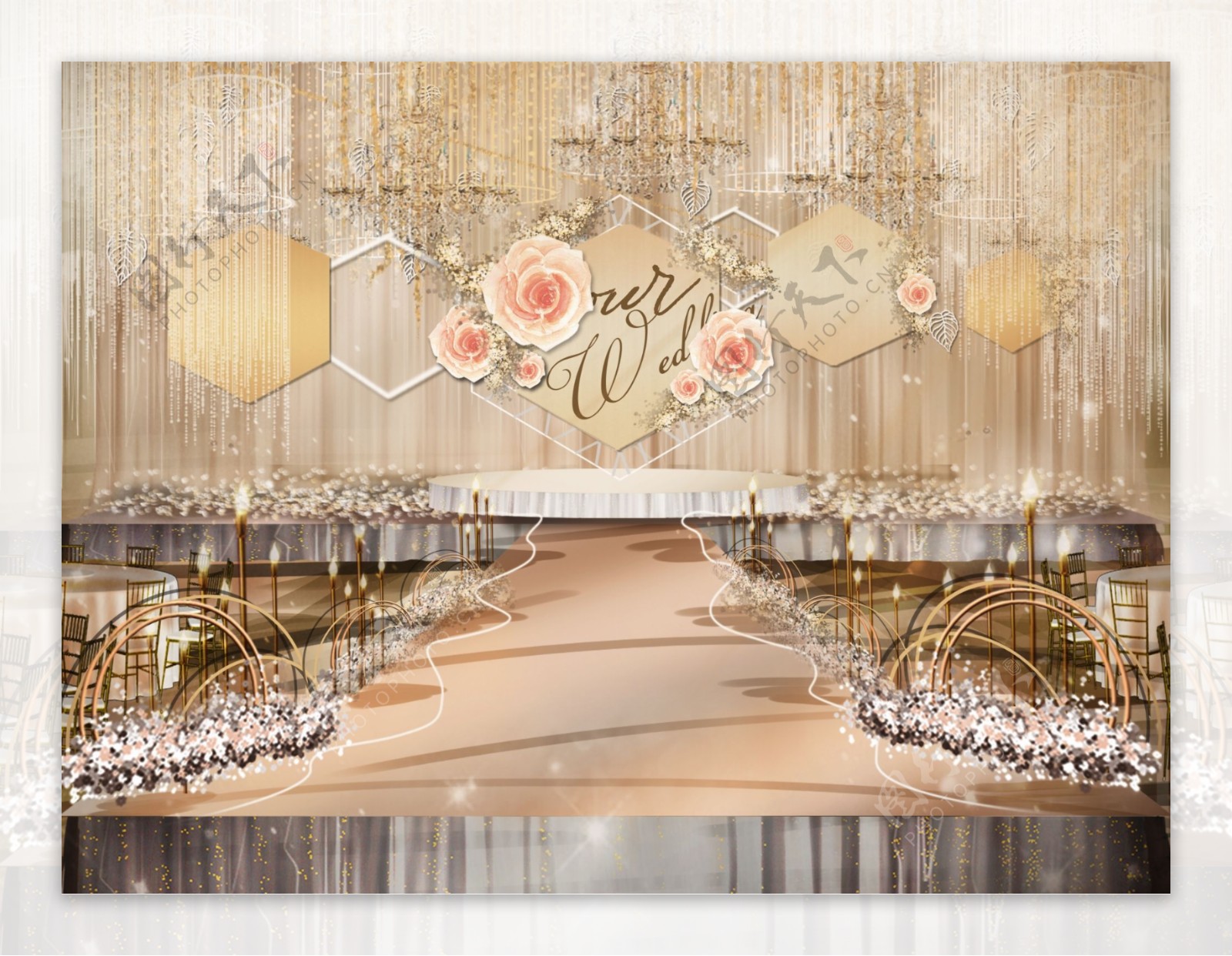 香槟色异形花朵婚礼效果设计