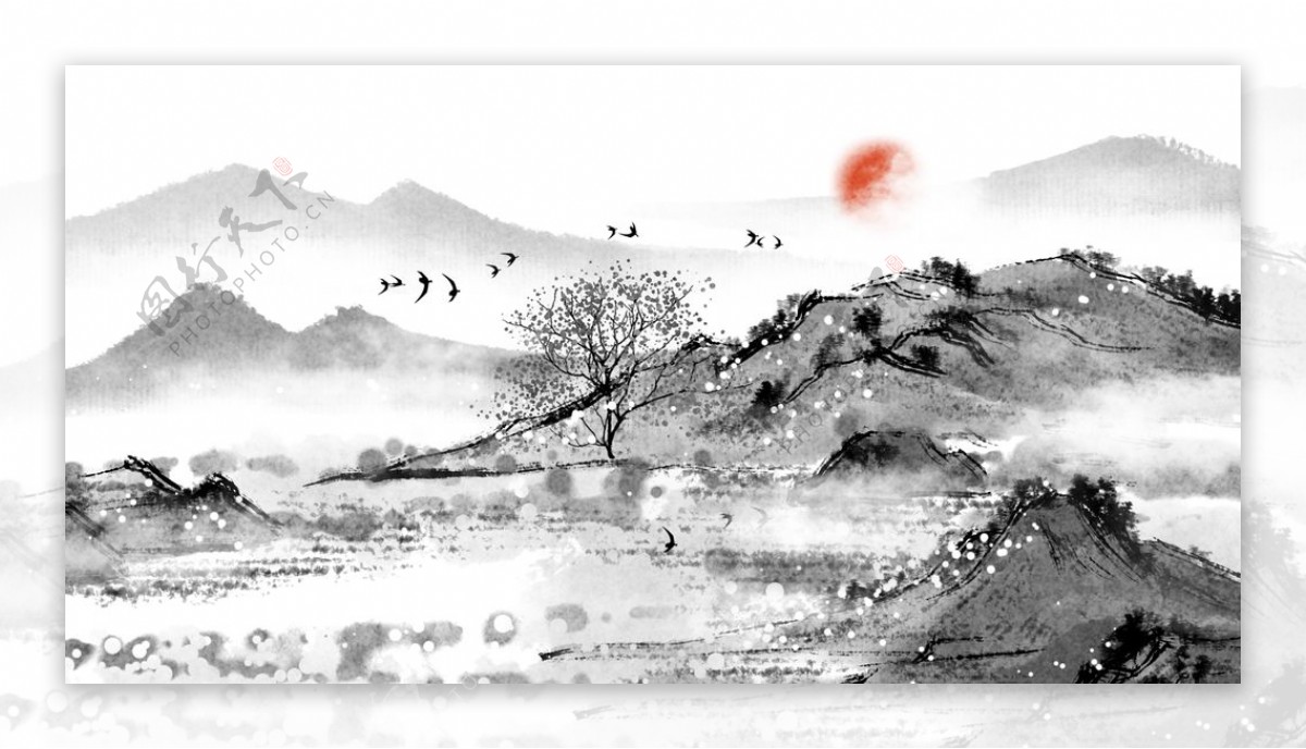 中国风写意境山水水墨插画