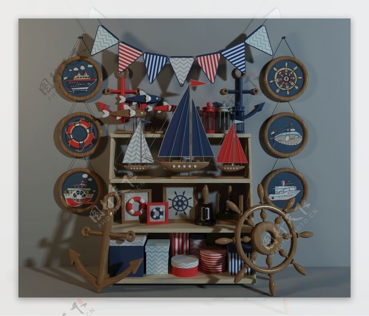 欧式帆船鱼船舵装饰摆件组合