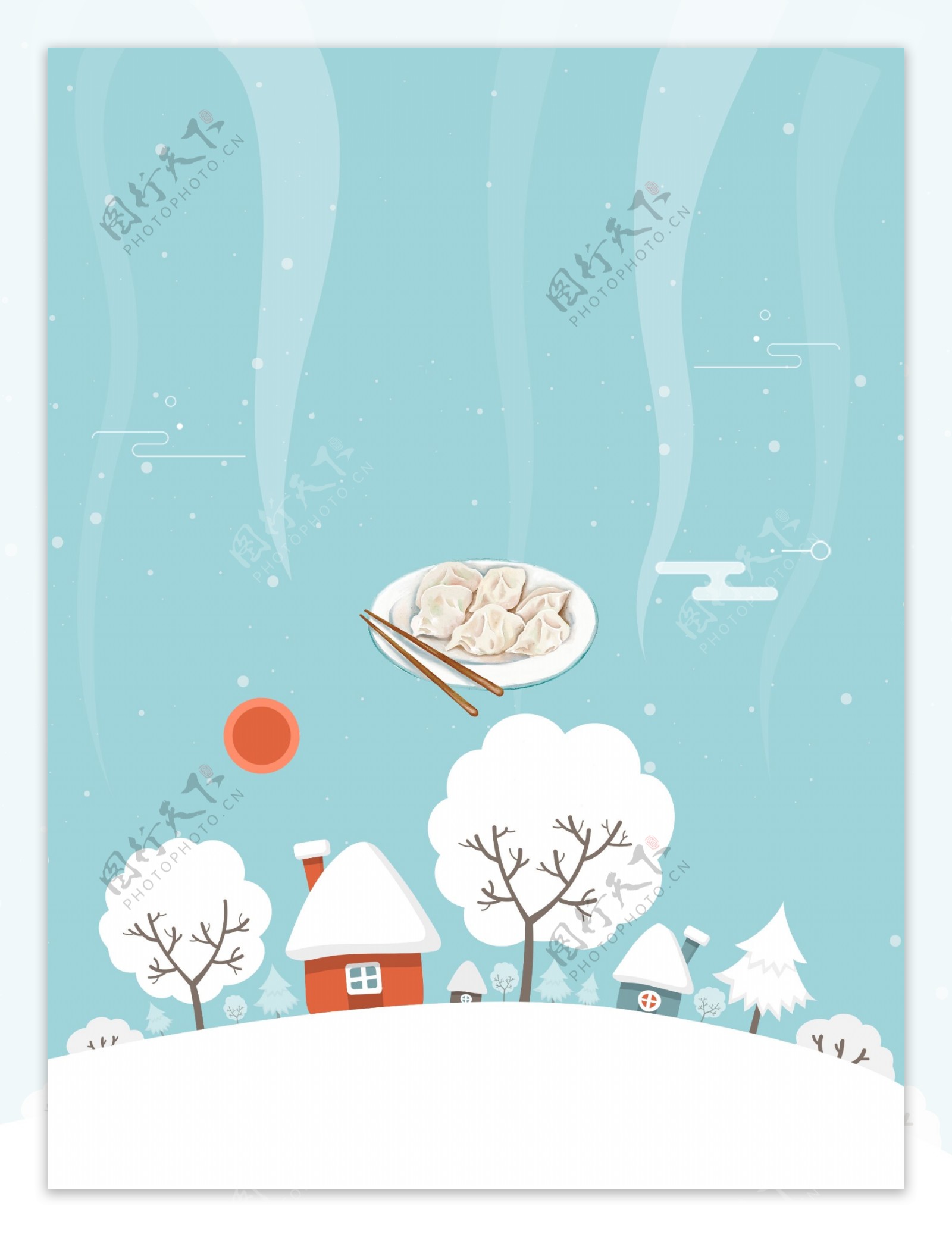 手绘冬季饺子蓝色背景素材