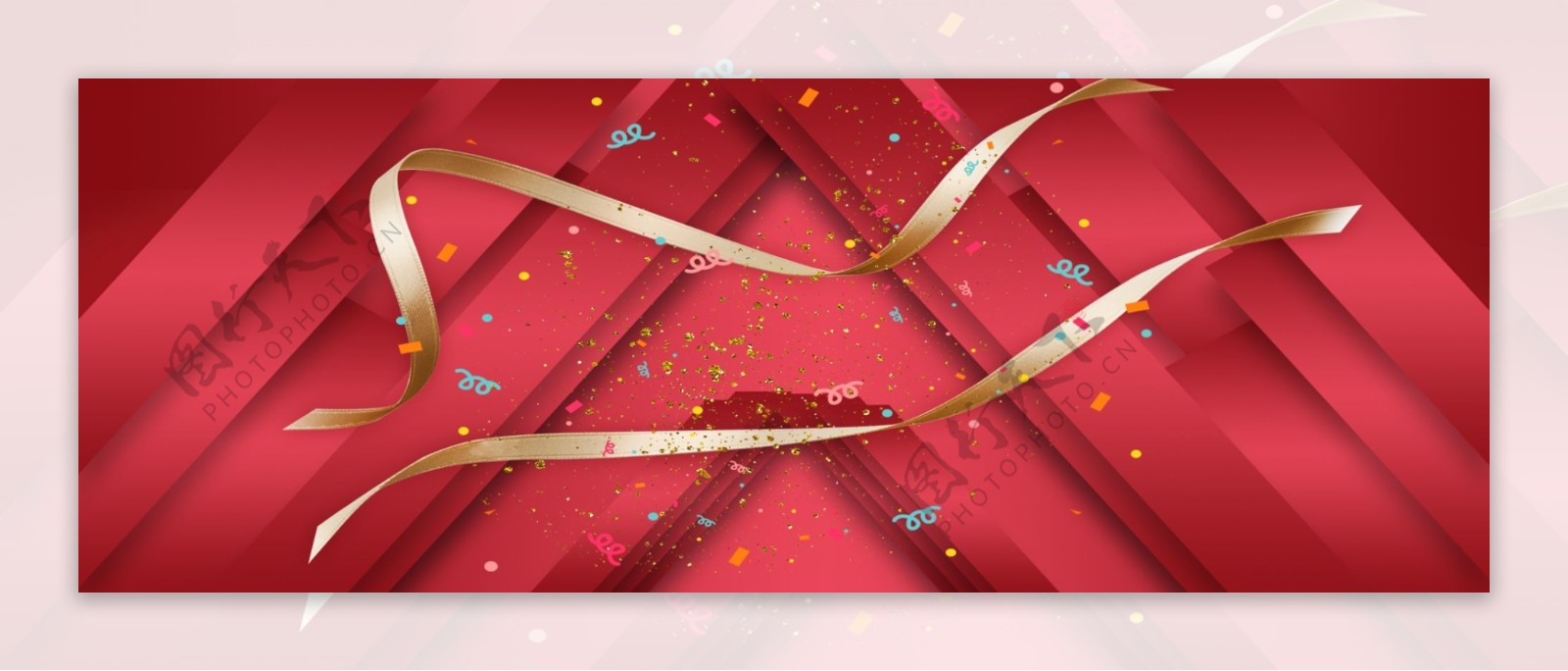 金色丝带缤纷礼花红色几何立体堆叠背景