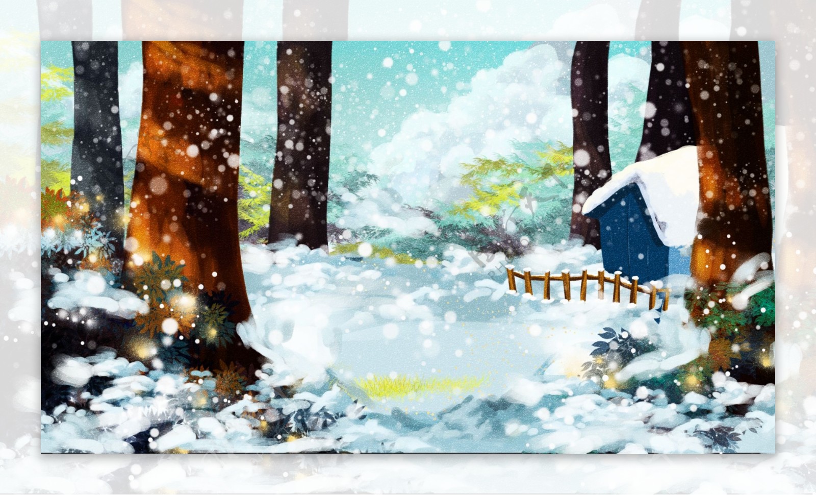 手绘树林中的大雪节气背景素材