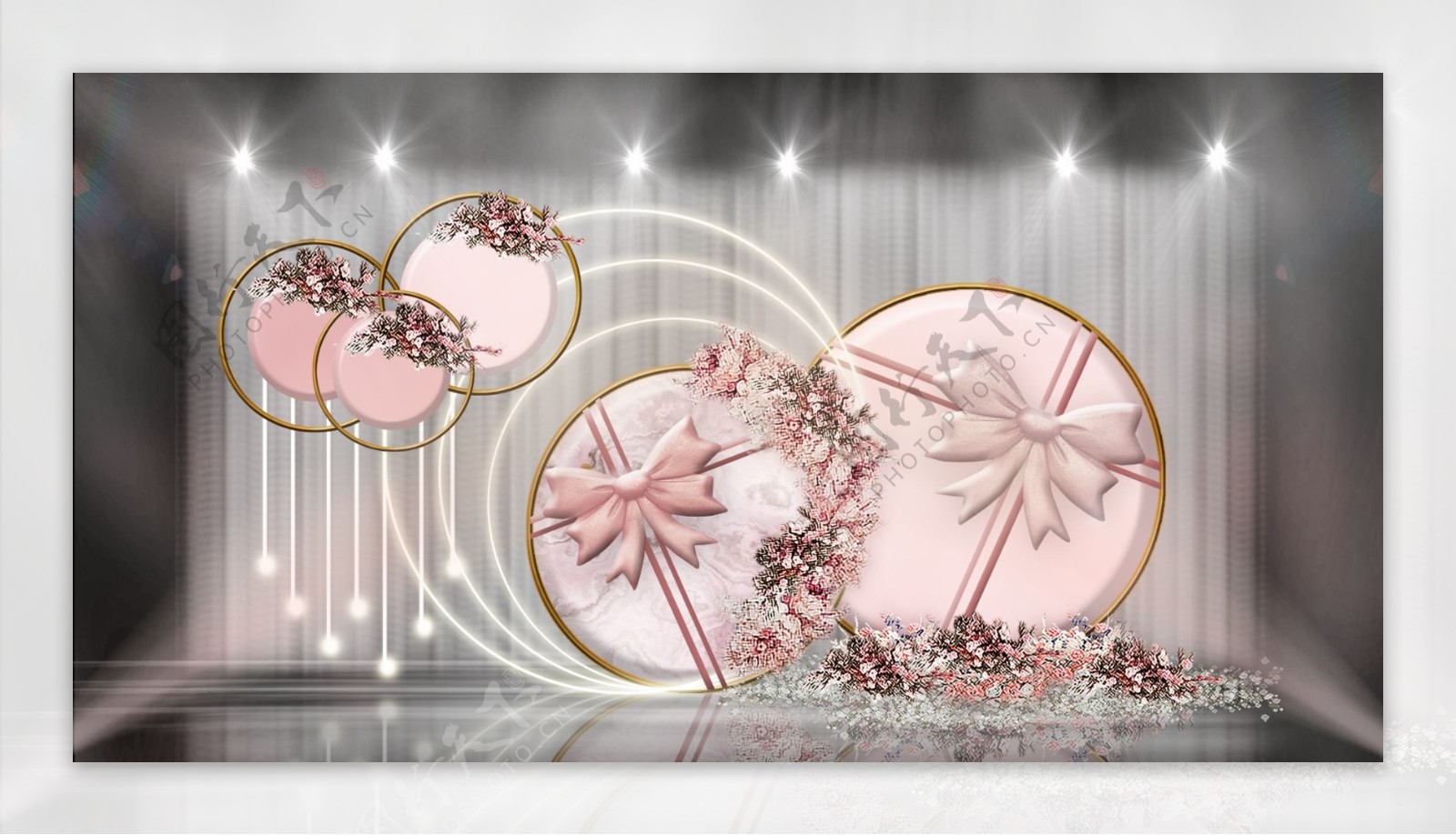 粉色圆形礼物盒造型蝴蝶结线条婚礼效果图