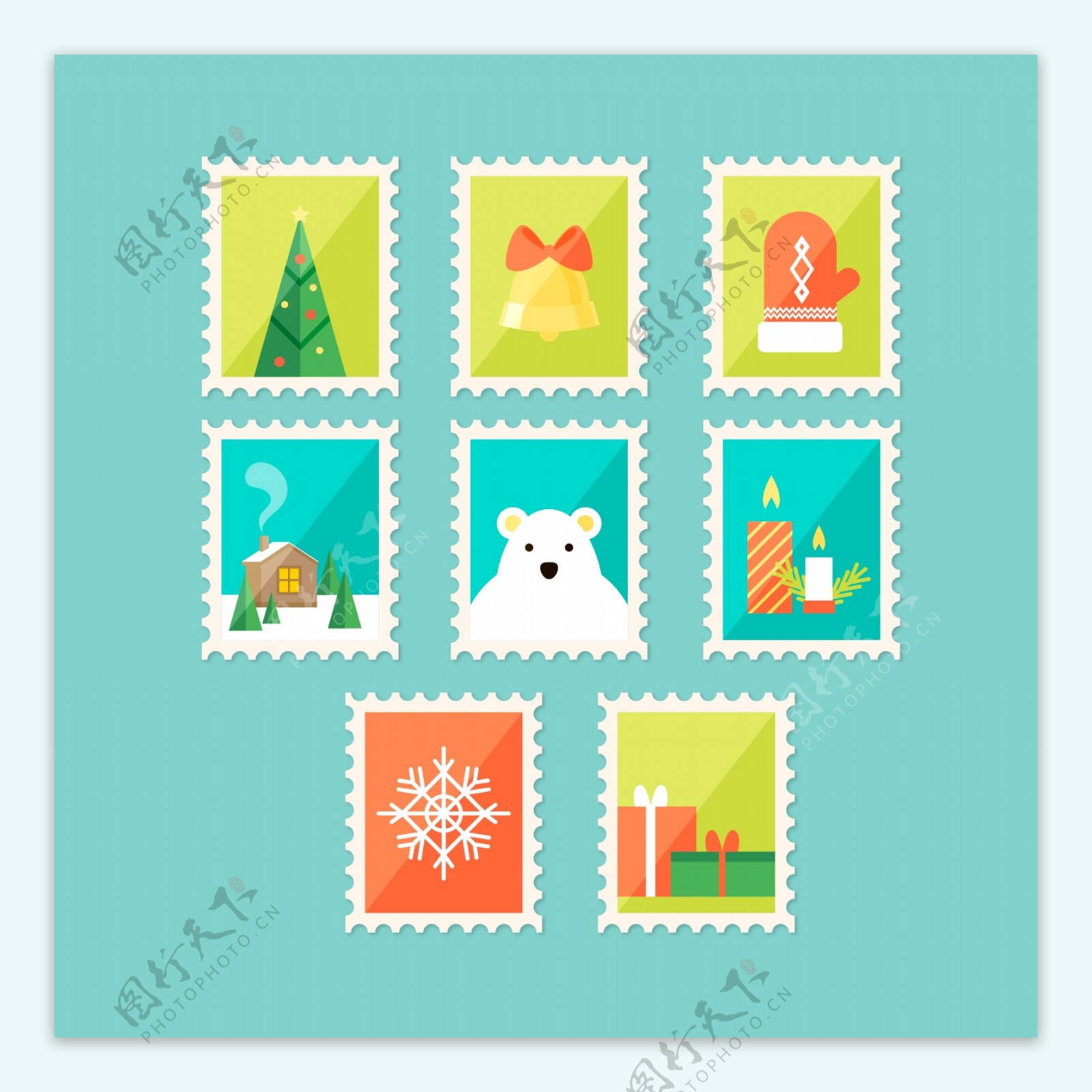 清新彩色的圣诞节邮票标签