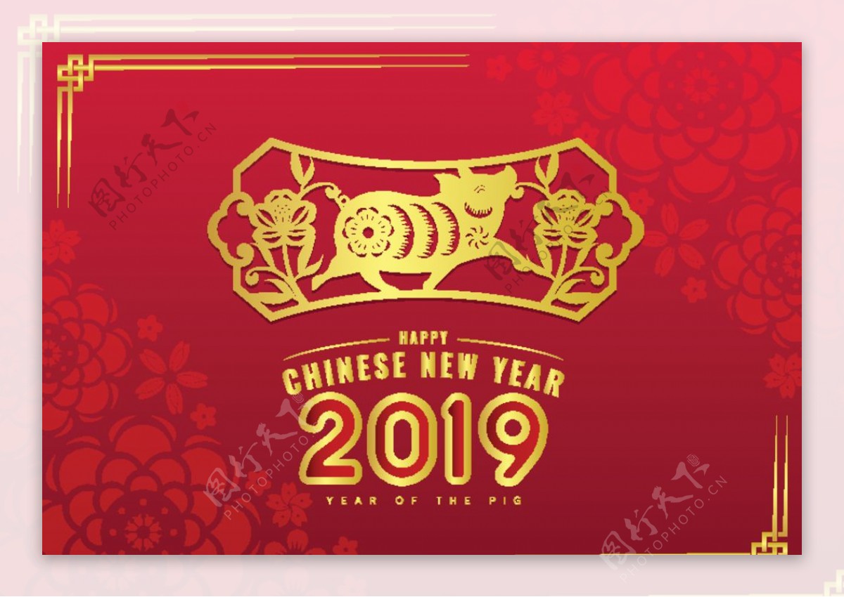 2019猪年新年春节剪纸海报